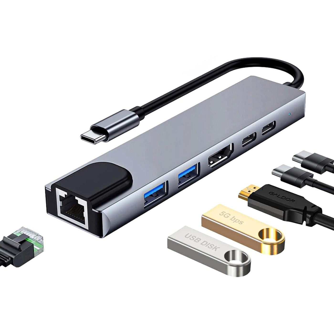 Hub USB 6 in 1 Timebox, 2 x Type-C, 1 x Ethernet, 1 x USB 3, 1 x USB 2, Argintiu - Imagine 1