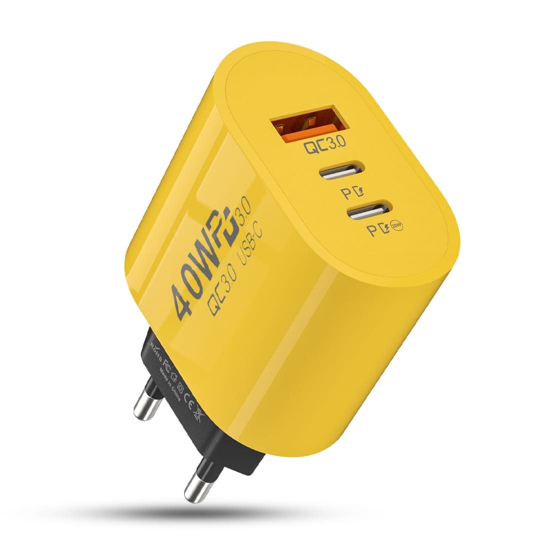 Incarcator Retea Timebox, 3 Porturi, 40W, 2 x Type-C, 1 x USB, Galben - Imagine 1