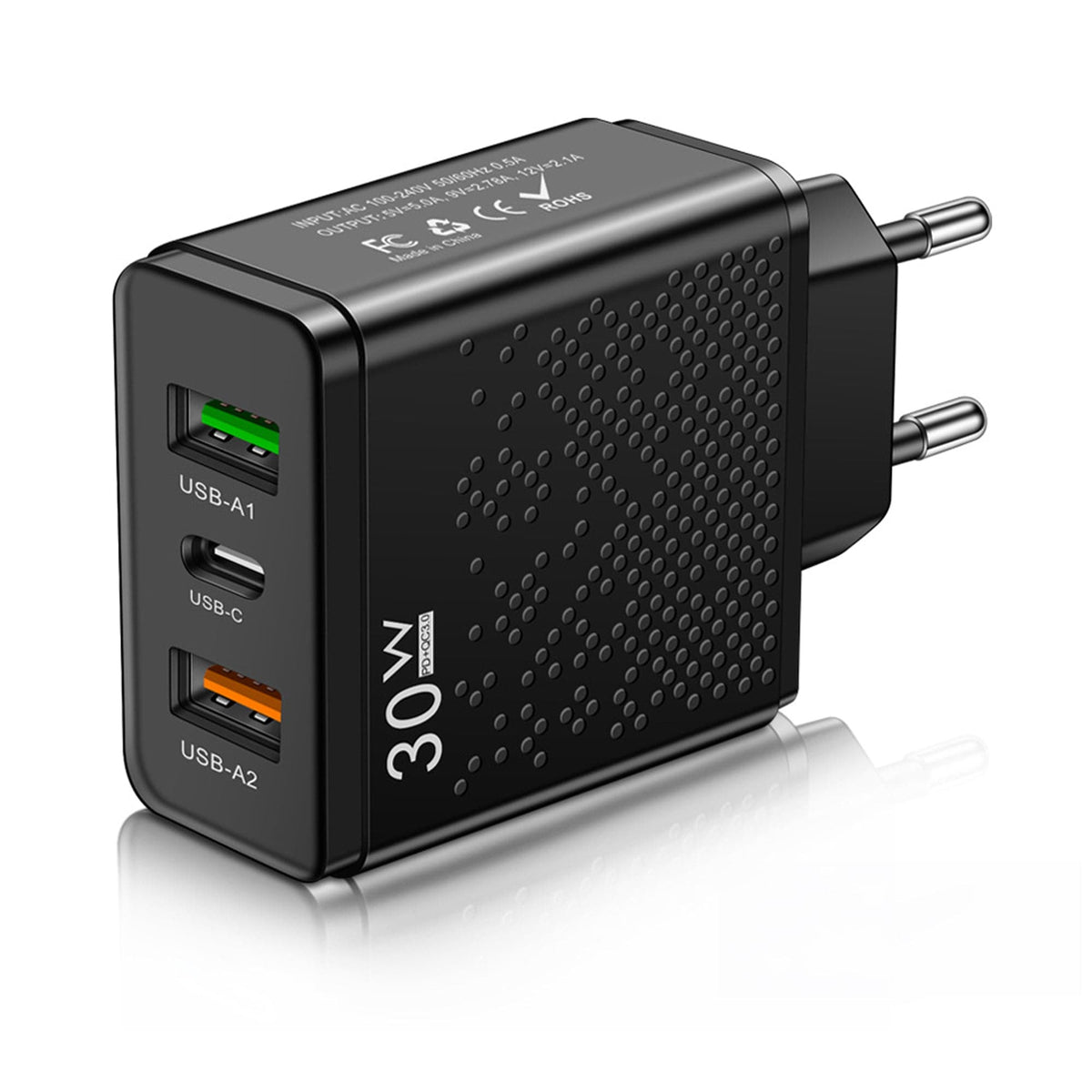 Incarcator Telefon 30W LED Timebox, 2 USB si PD Type-C, Negru - Imagine 1