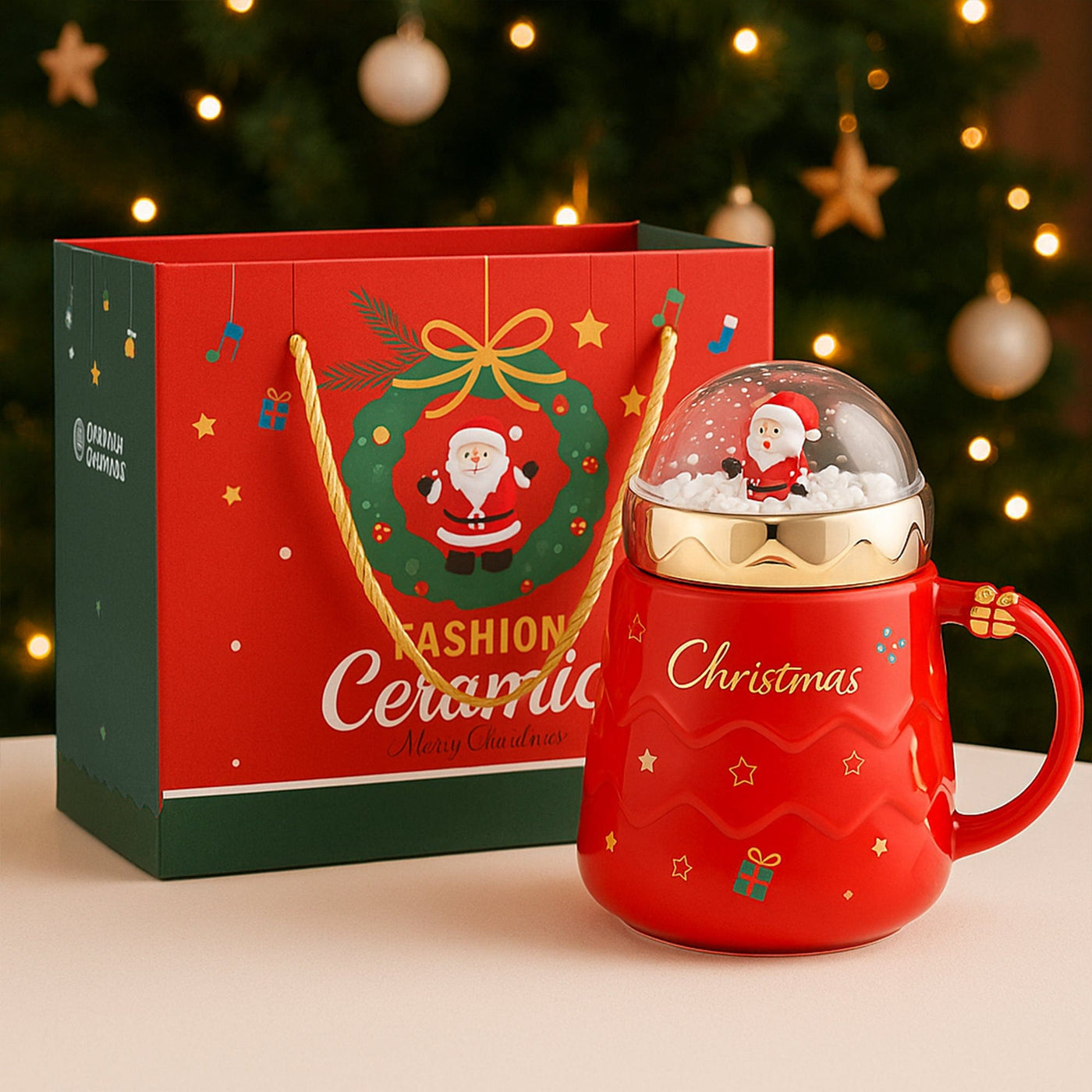 Cana ceramica cadou cu tematica de Craciun, Snow-globe, Capac & maner, Rosu - Imagine 1