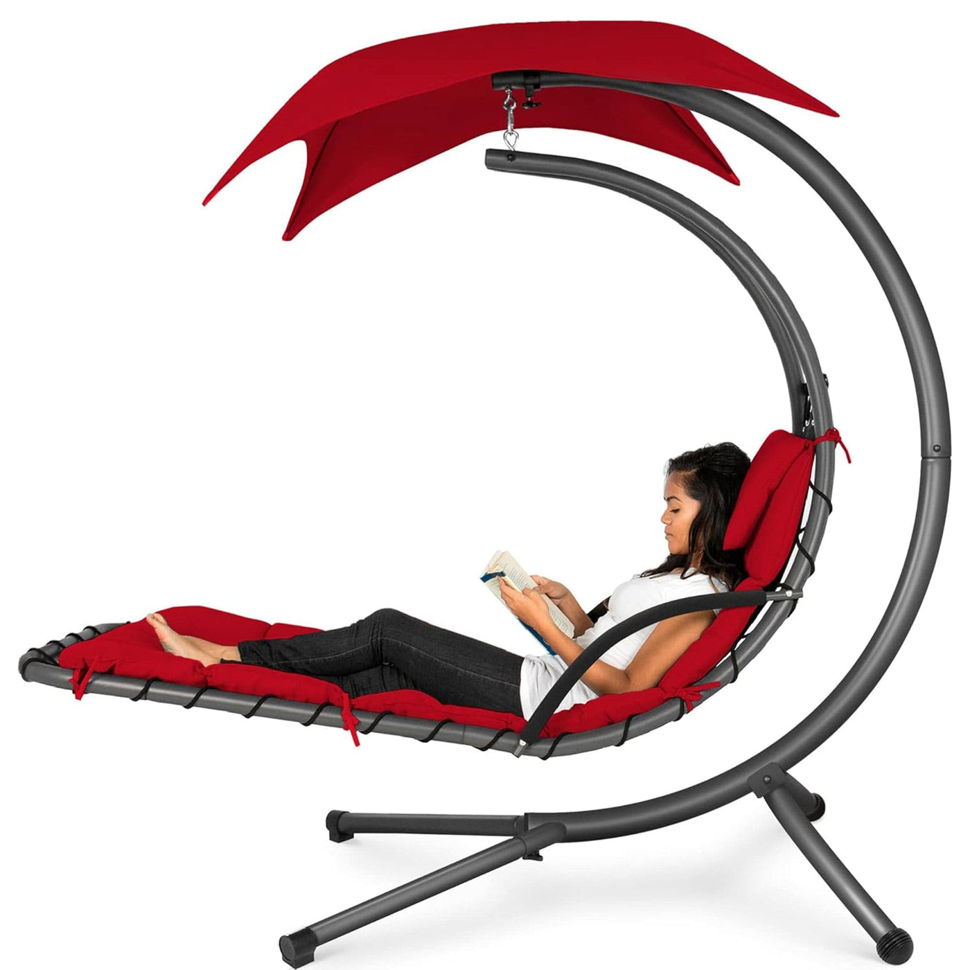 Balansoar tip Sezlong Suspendat de Exterior cu Copertina, Perna Ergonomica, Rosu - Imagine 1