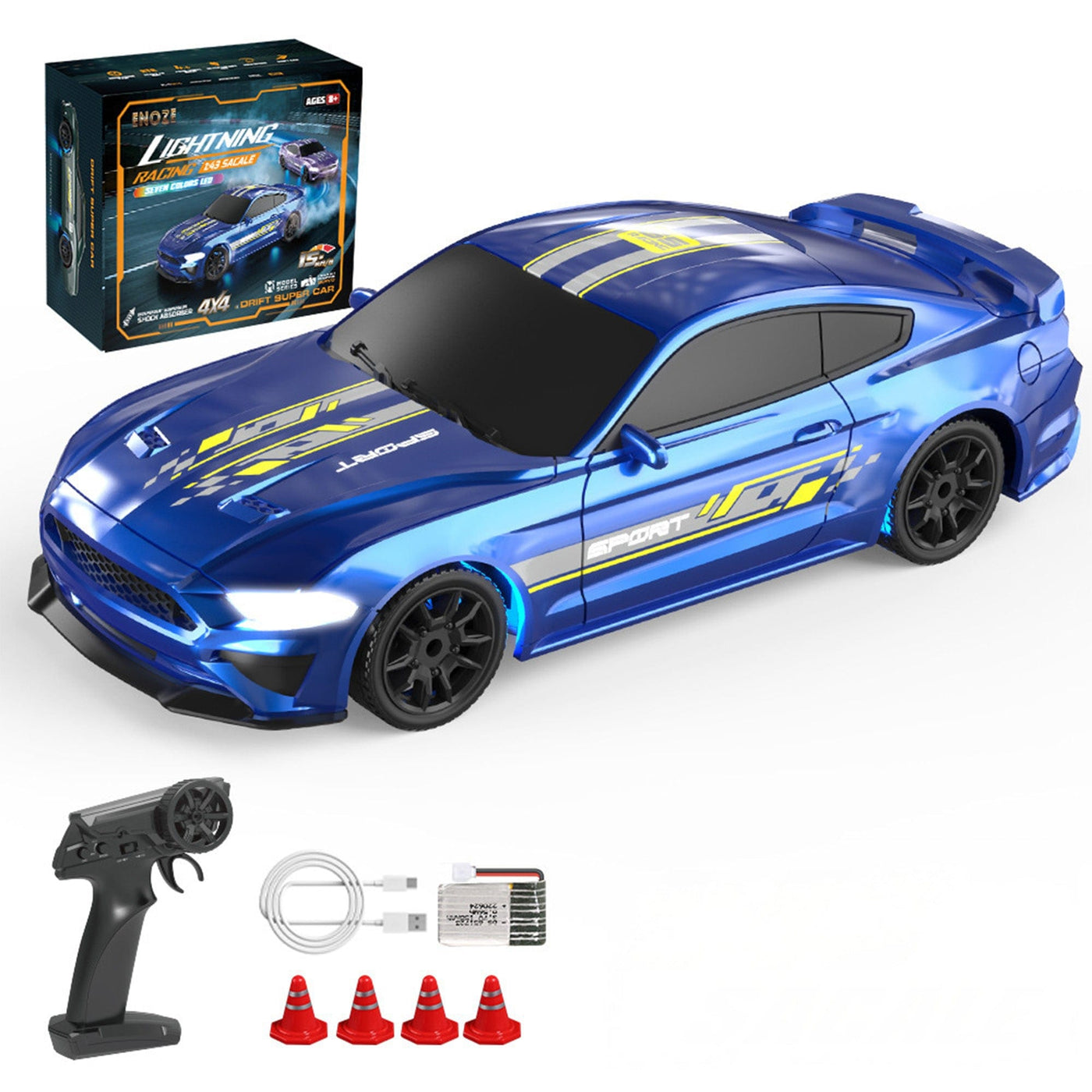 Masina RC Drift 1:43 cu Tractiune Integrala, 4 GHZ, Efecte Luminoase, Albastru - Imagine 1