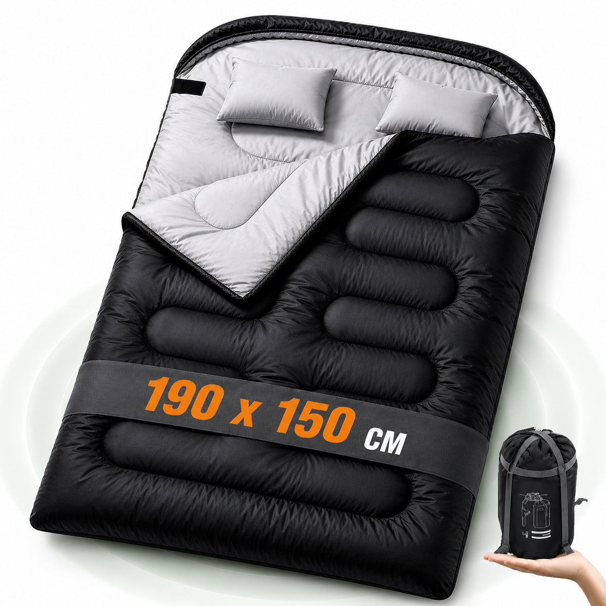 Sac de Dormit Dublu Timebox, 10°C, 150 cm, Negru