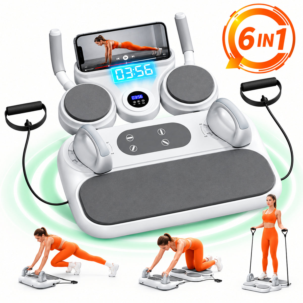 Placa Fitness 6-in-1 cu Timer si Corzi, Anternament Pilates, Flotari, Muschi, Sport Gri