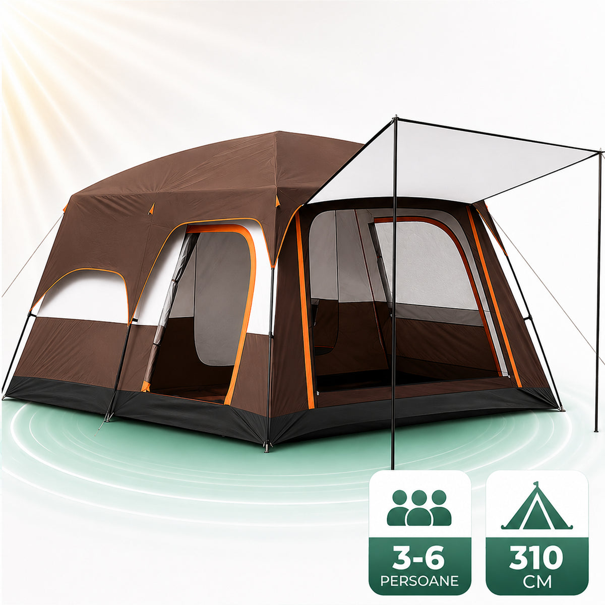 Cort Camping Timebox 4-6 Persoane, 2 Camere + Terasa, 310x210x180cm, Maro