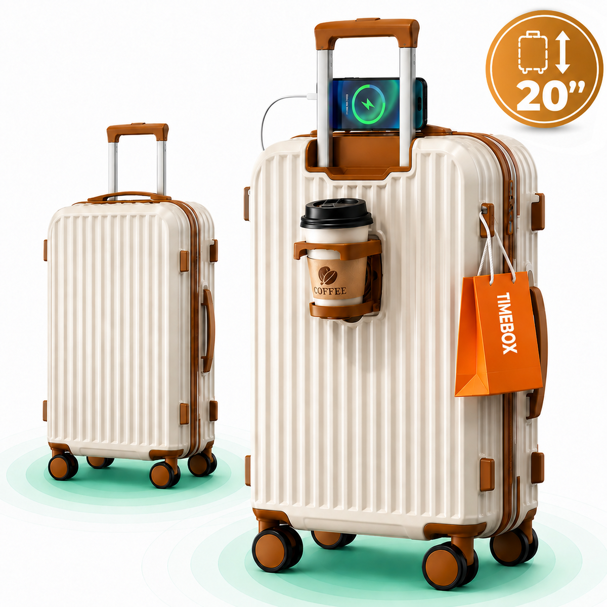 Troler Cabina Timebox 20" ABS, Port USB, Roti 360, 34×22×55cm, Alb