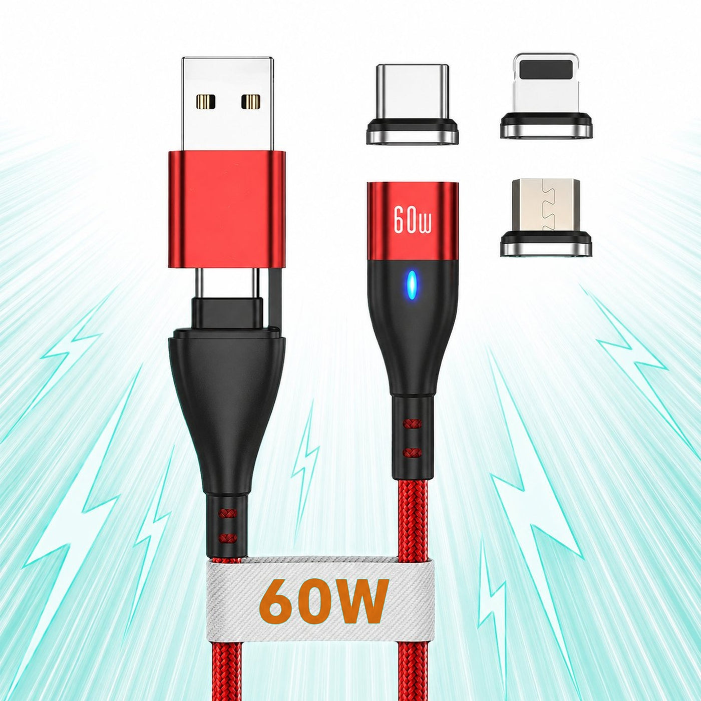 Cablu de date si Incarcare Rapida, 6 in 1, 60W, 2m, QC 3, USB, Type C, Rosu
