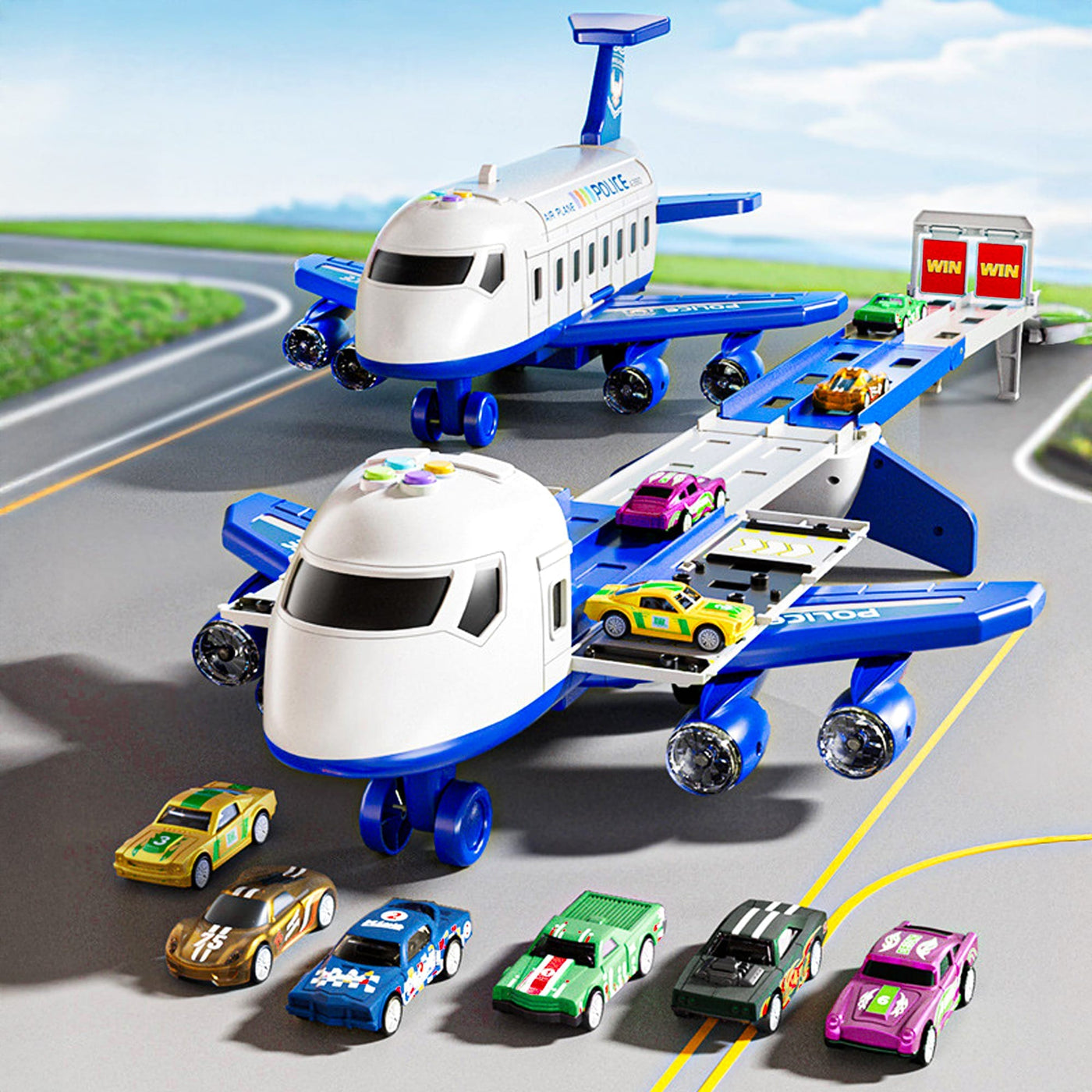 Set Jucarie Avion Transportator cu Masinute pentru copii, Albastru - Imagine 1