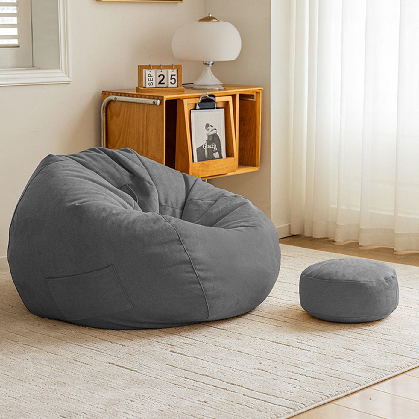 Fotoliu Puf Bean Bag din stofa, Multifunctional pentru living, Gri - Imagine 1