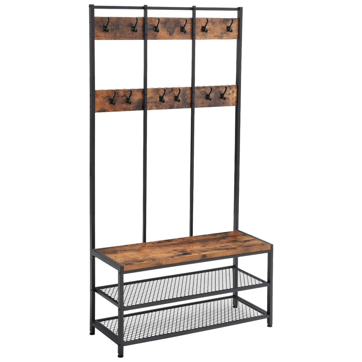 VASAGLE Cuier hol cu 12 carlige si banca pantofi, cadru metalic, stil industrial, 100x40x186 cm, maro rustic