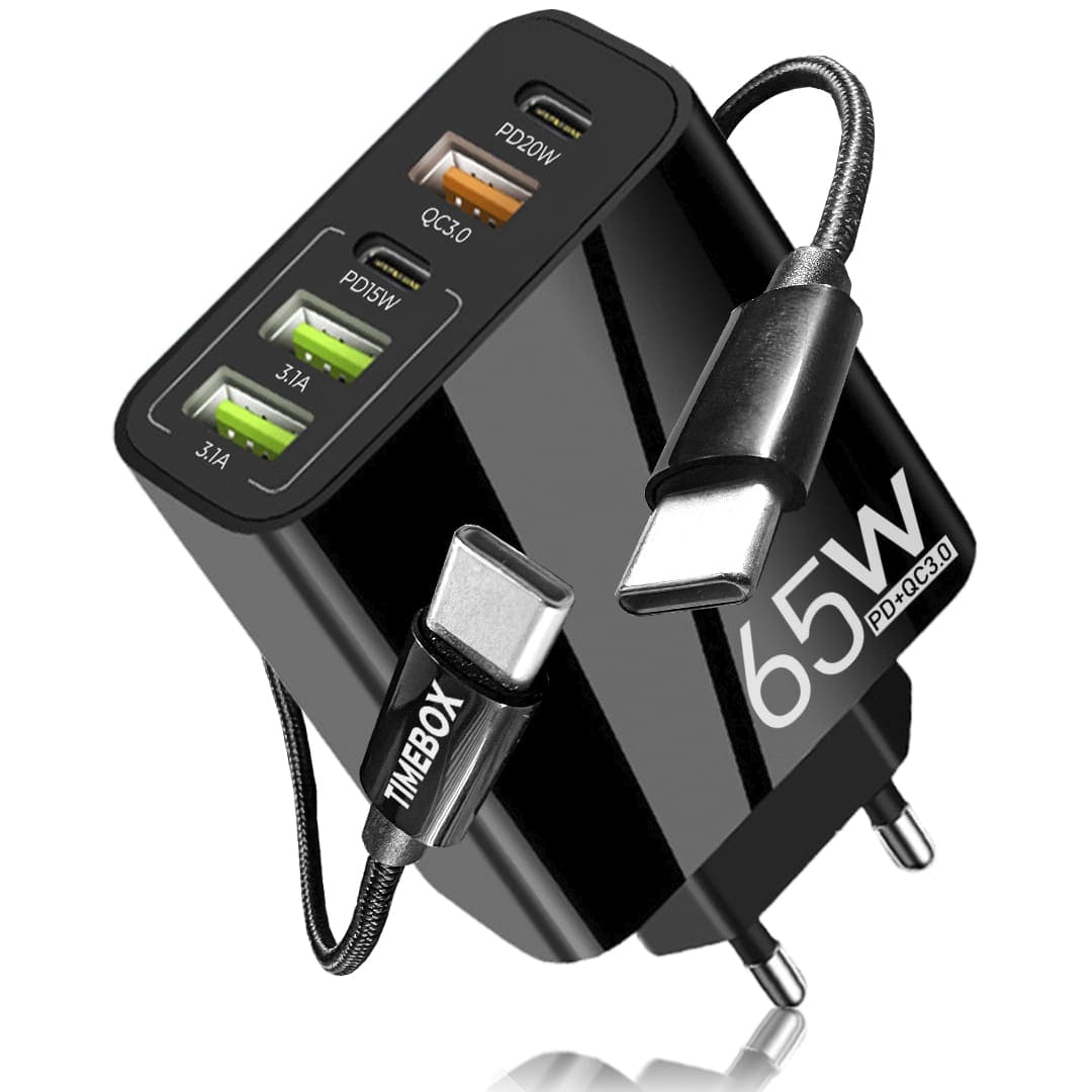 Incarcator Retea, 65W, 5 Porturi, 3 x USB, 2 x Type-C, Negru - Imagine 1
