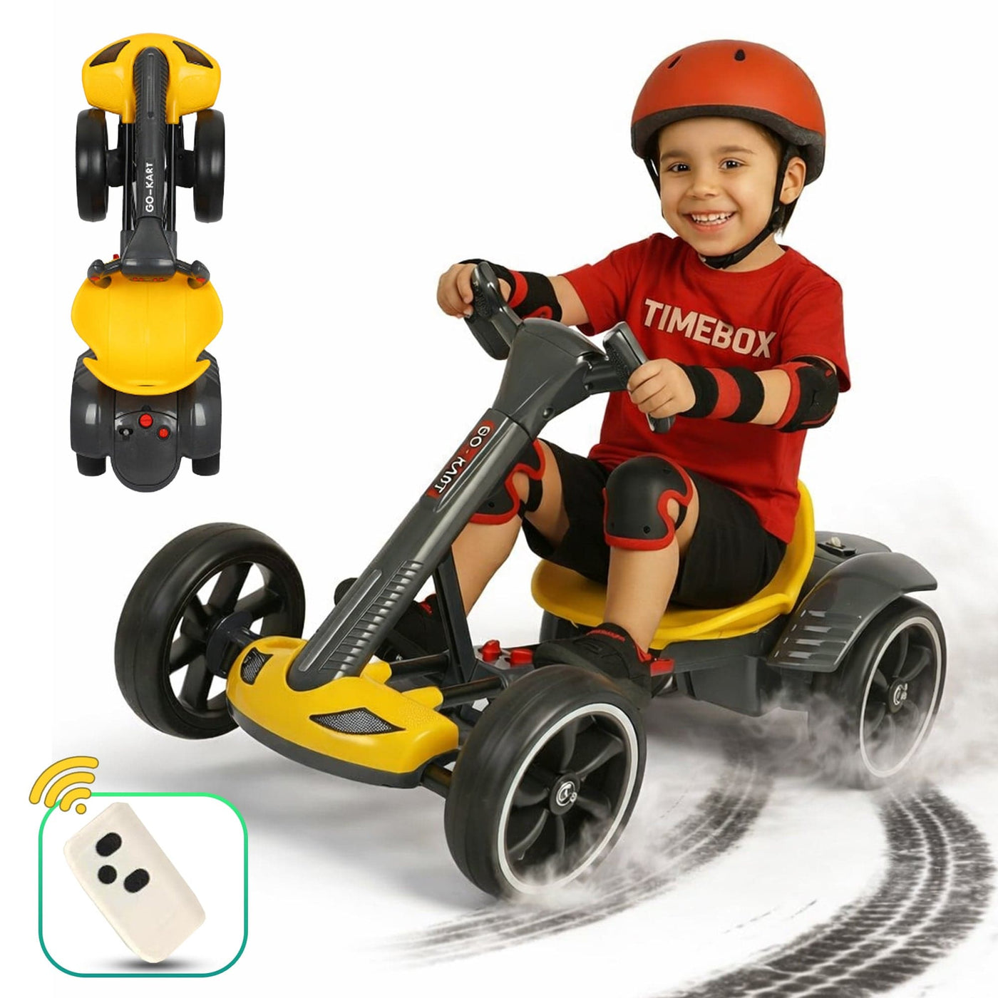 Kart electric copii, 4 roti, Pliabil si usor de montat, Scaun ergonomic, Galben - Imagine 1