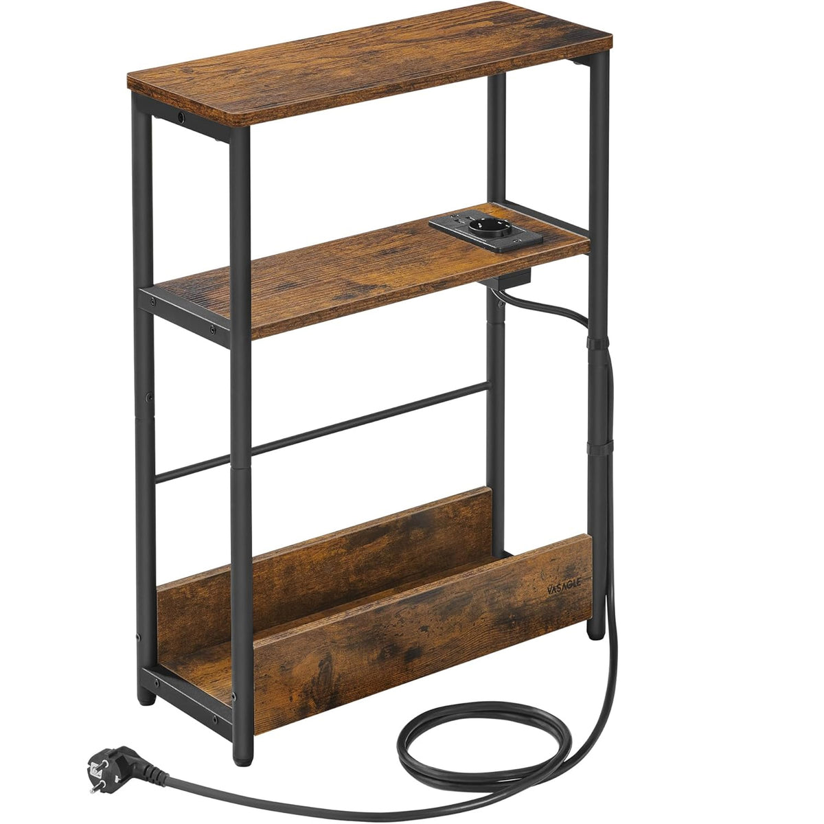 VASAGLE Masuta ingusta cu priza si porturi de incarcare USB, 3 rafturi, 45x18x58 cm, maro rustic
