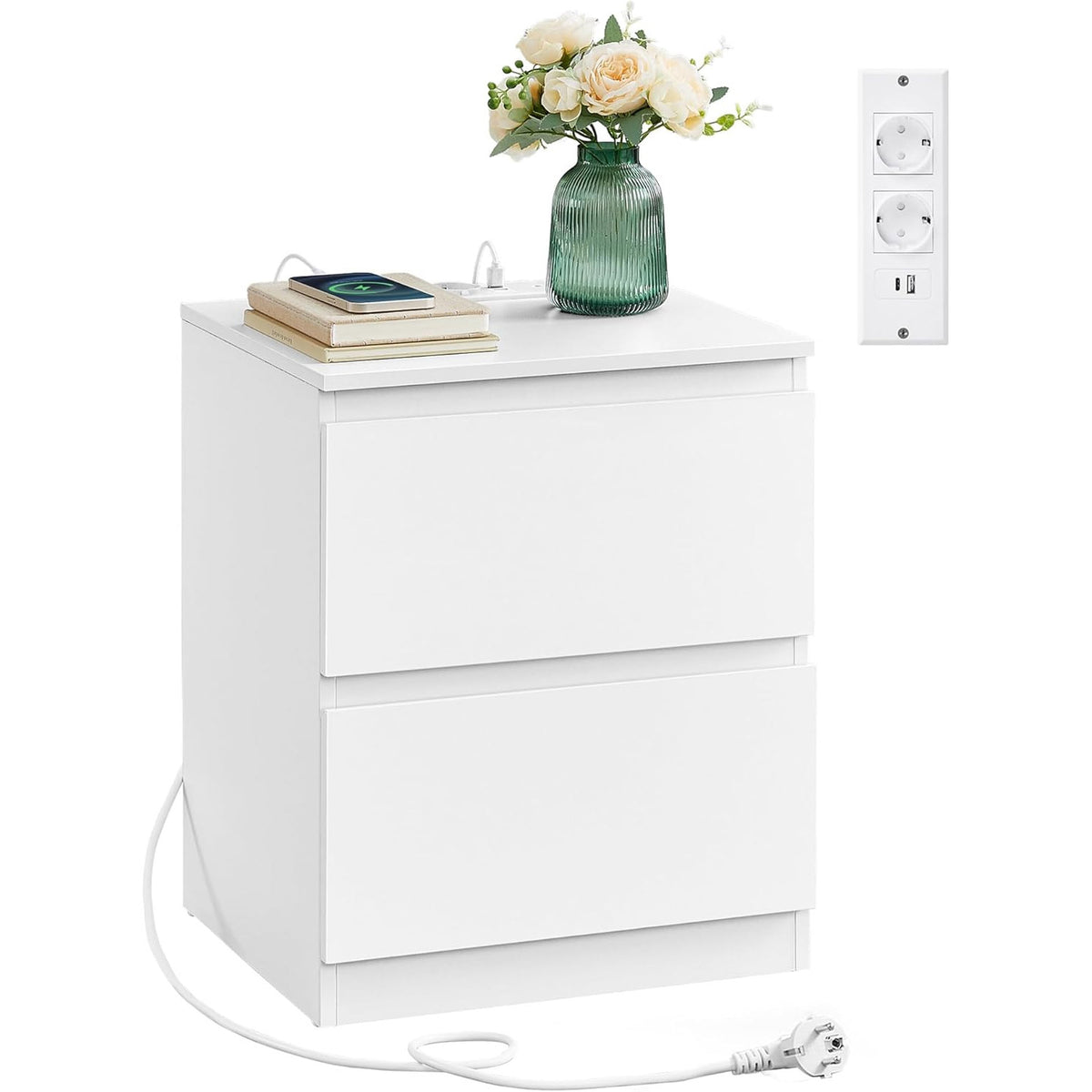 VASAGLE Noptiera Kailyn cu 2 sertare, 2 prize integrate si 2 porturi USB, 40x35x49 cm, alb