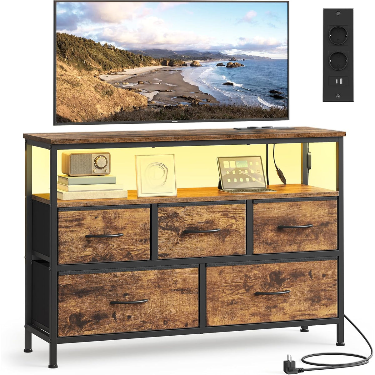 SONGMICS Comoda cu iluminare LED, statie incarcare cu prize si USB, 5 sertare si raft deschis, stil industrial, 99x30x68 cm, maro rustic