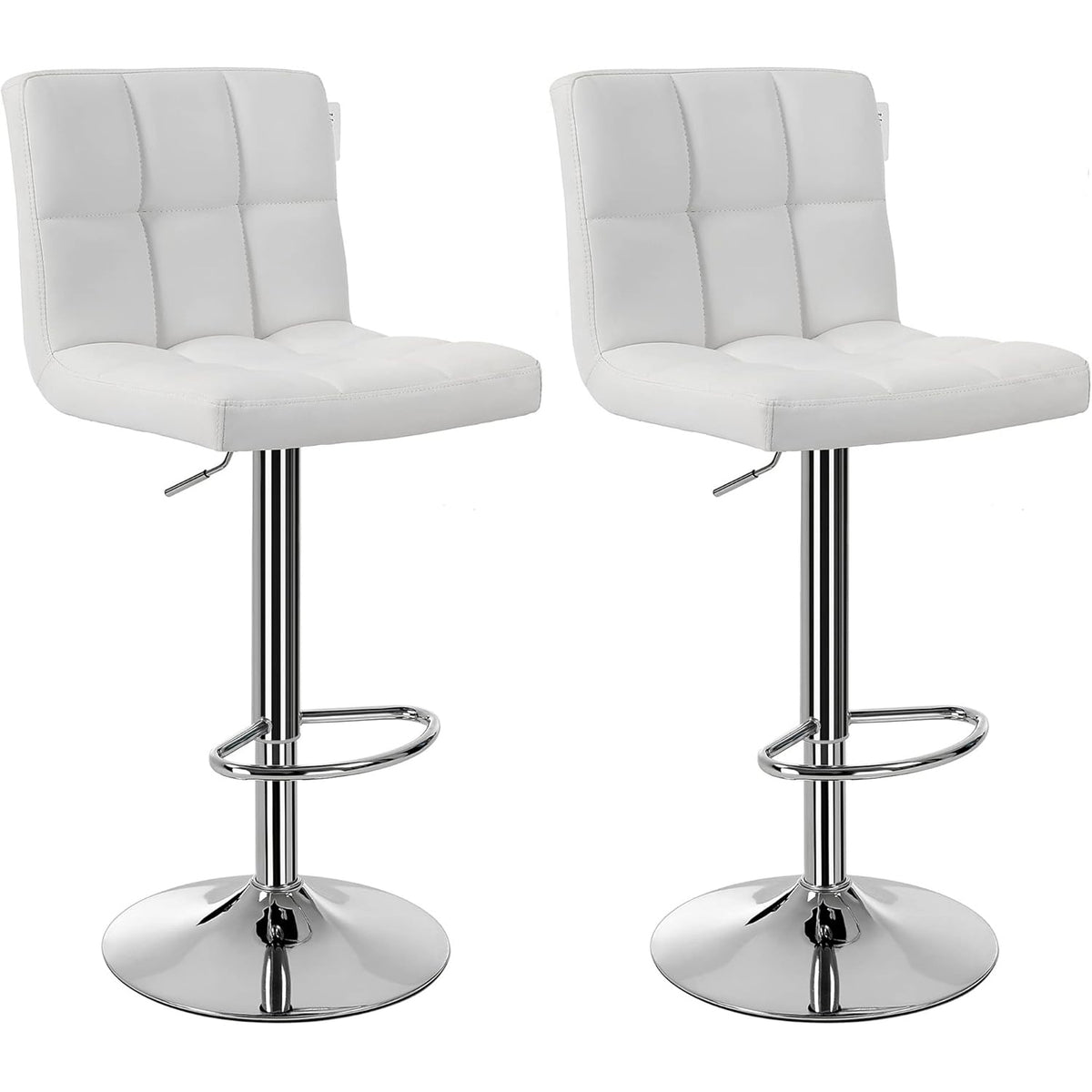 SONGMICS Set 2 scaune bar reglabile pe inaltime, cu spatar, sezut PU si suport picioare, rotatie 360°, 38x45x115 cm, alb