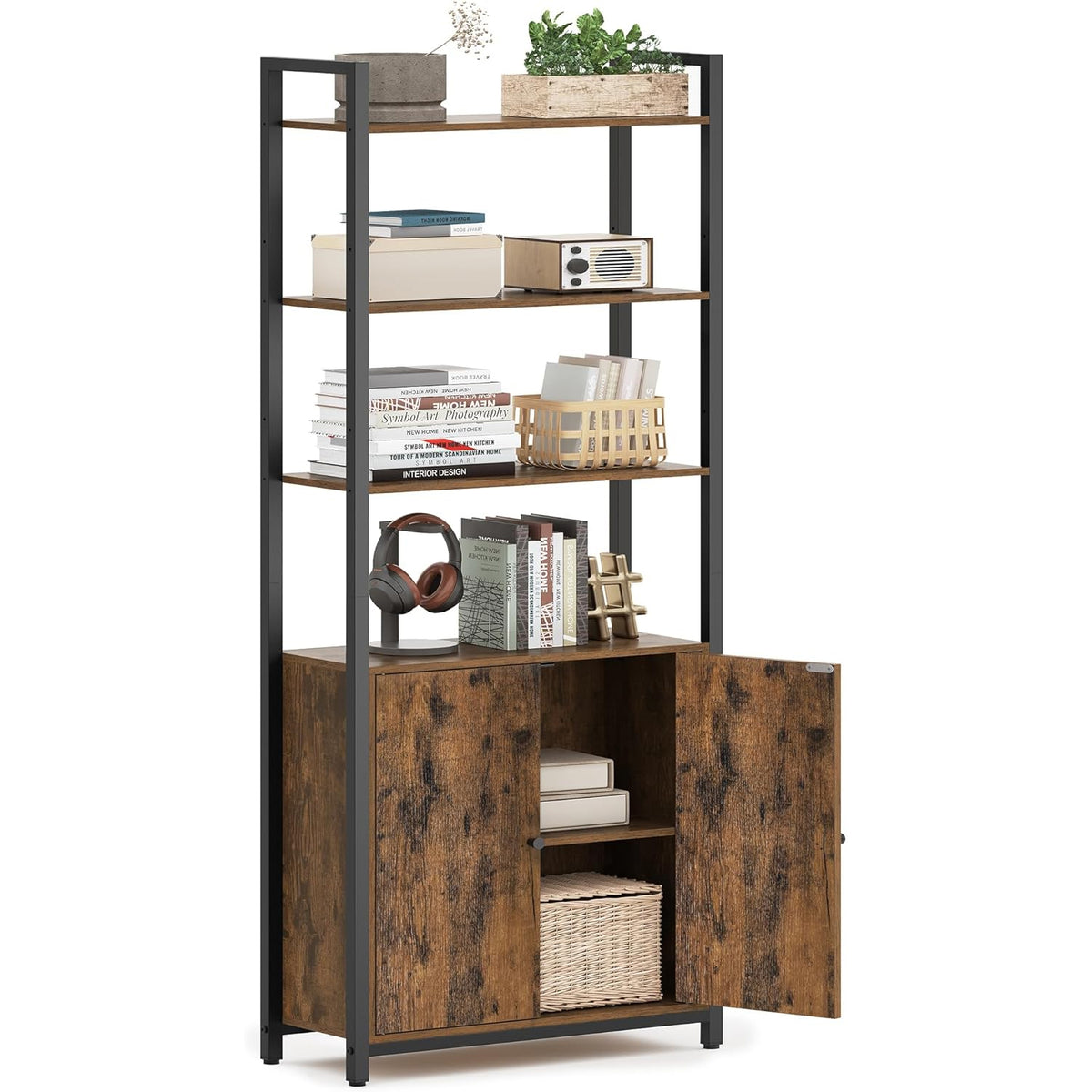 VASAGLE Biblioteca cu rafturi deschise si dulap integrat, cadru metalic si PAL, 24x60x160 cm, maro rustic