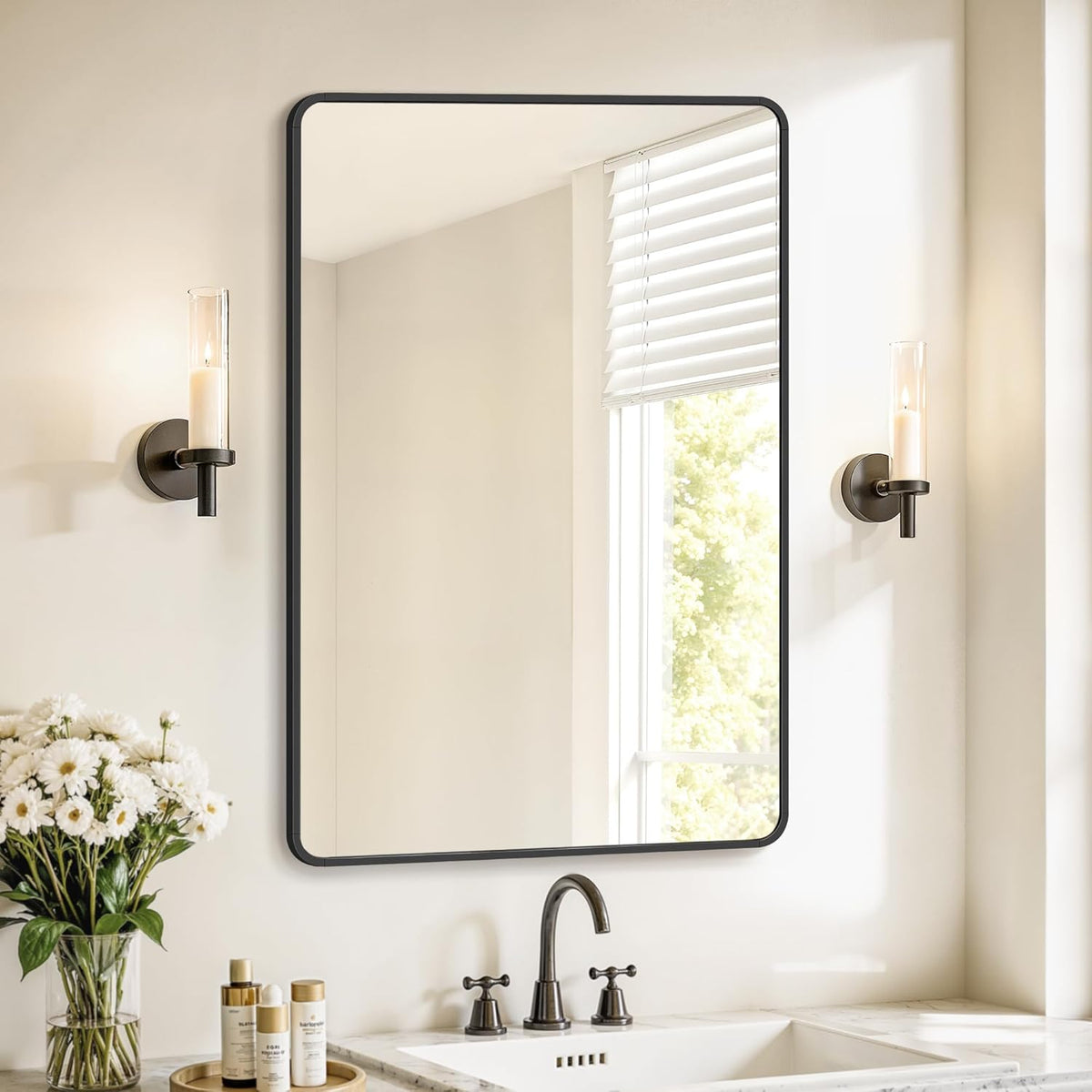 SONGMICS Oglinda de perete dreptunghiulara pentru baie sau living, rama din aluminiu, montaj pe orizontala sau verticala, 91×61 cm, negru