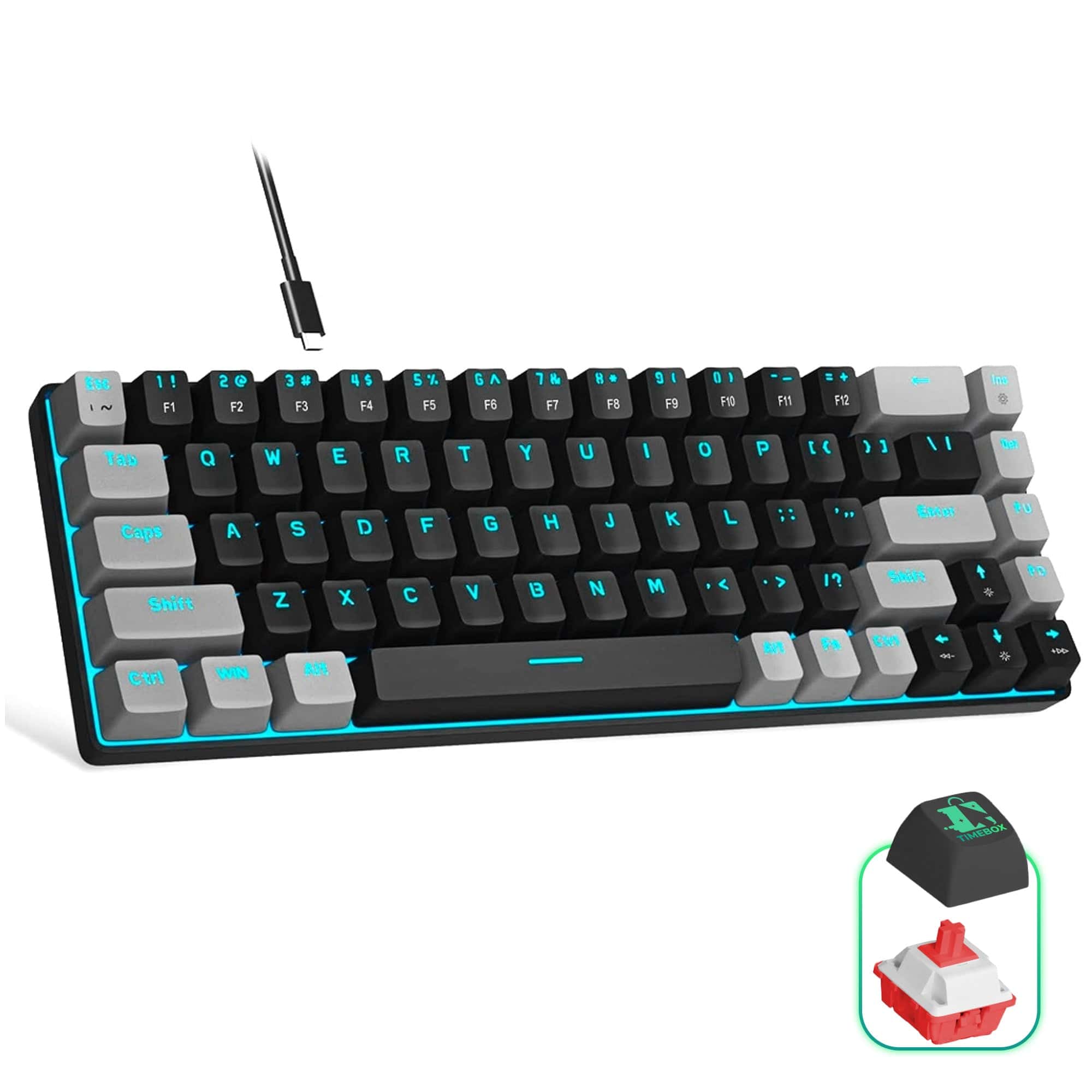 Tastatura Mecanica Gaming Timebox, Red Swtich, 60%, Lumini LED, Negru Gri