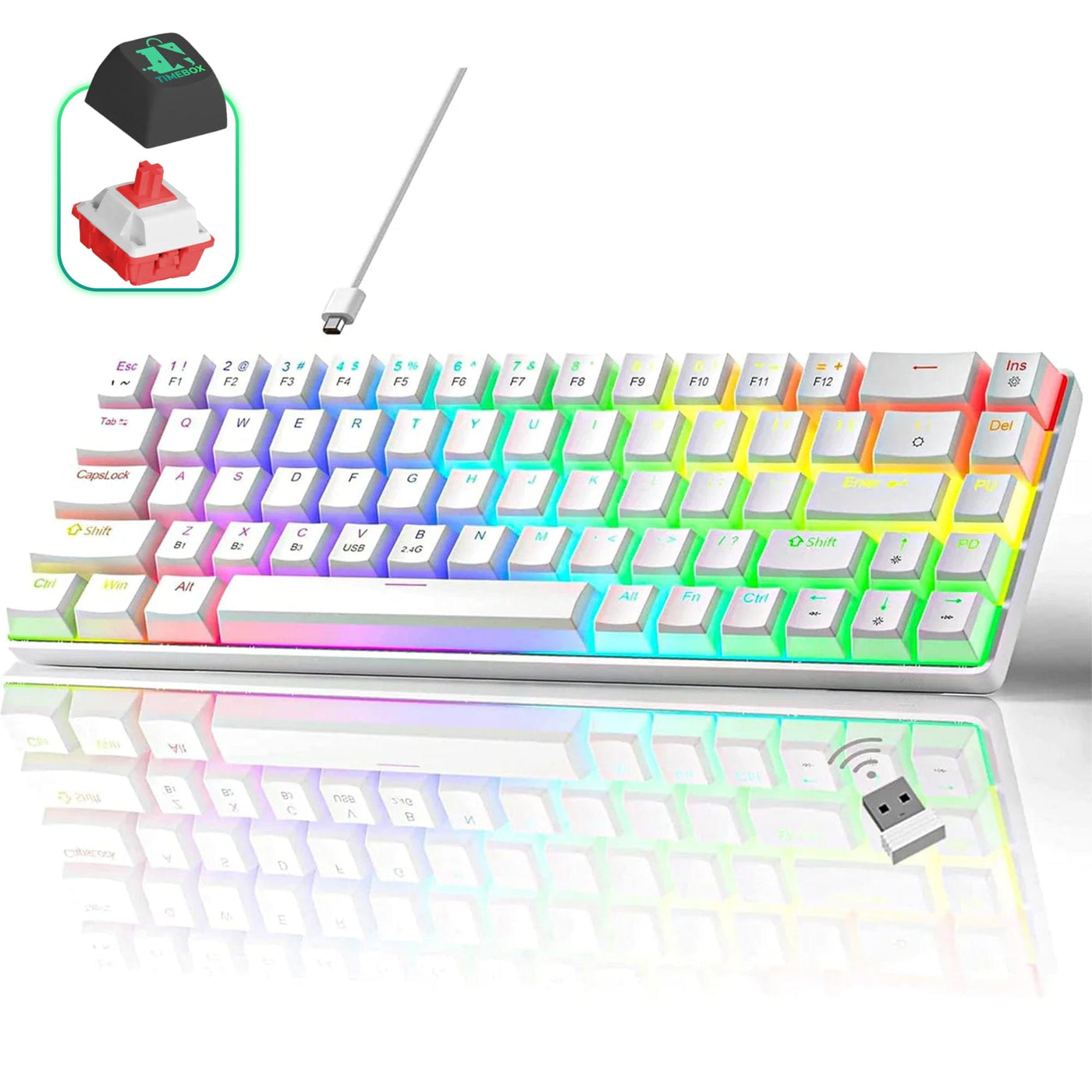 Tastatura Mecanica Gaming Timebox, Red Swtich, 60%, Wireless, Lumini LED, Alb - Imagine 1