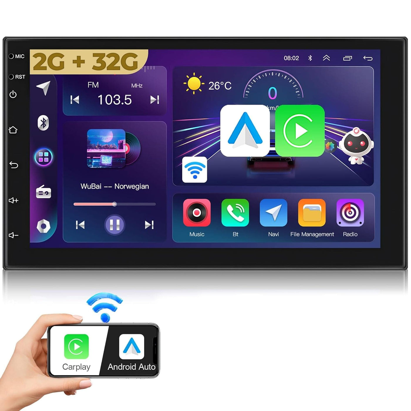 Navigatie Auto Timebox, Apple CarPlay, Android Auto, 2G+32G, Wireless, 2 x USB - Imagine 1