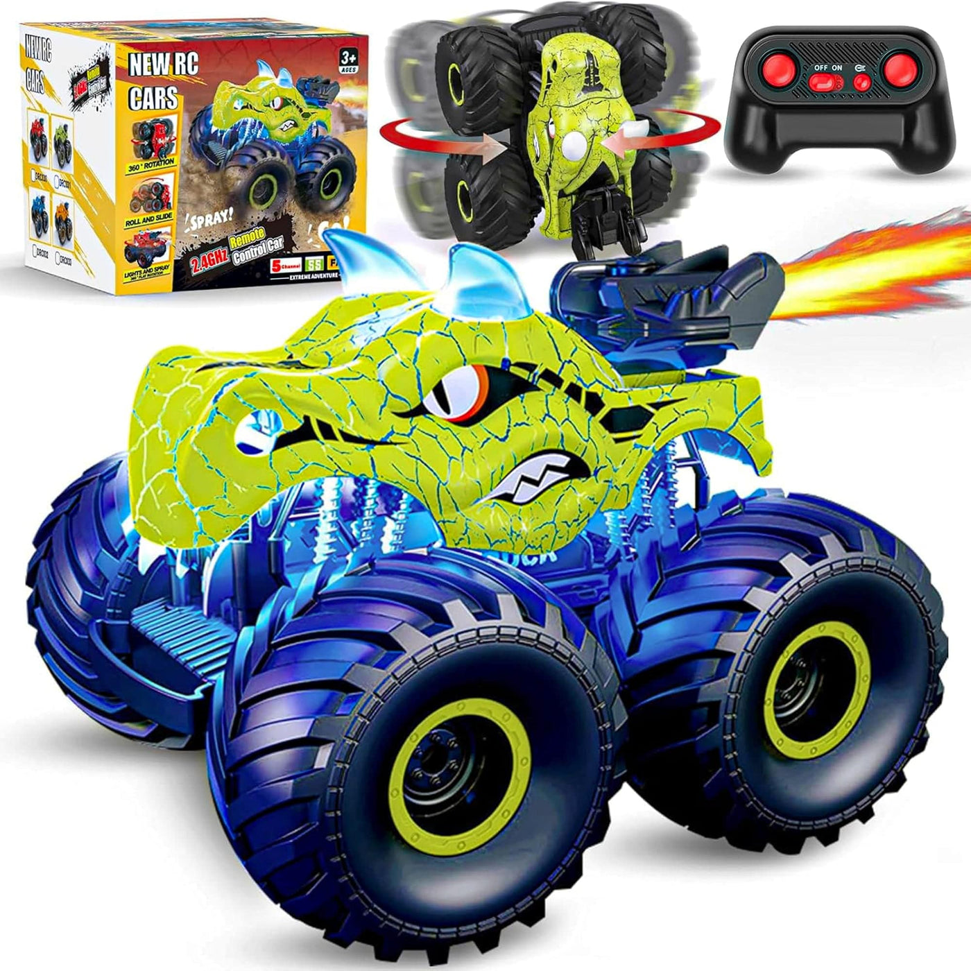 Masina cu telecomanda RC Timebox, 4x4, Dinozaur Monster Truck, lumini LED, Verde - Imagine 1
