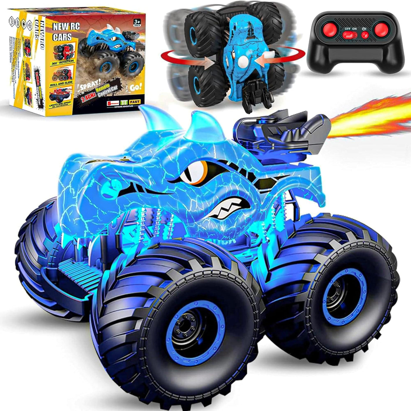 Masina cu telecomanda RC Timebox, 4x4, Dinozaur Monster Truck, Albastru - Imagine 1