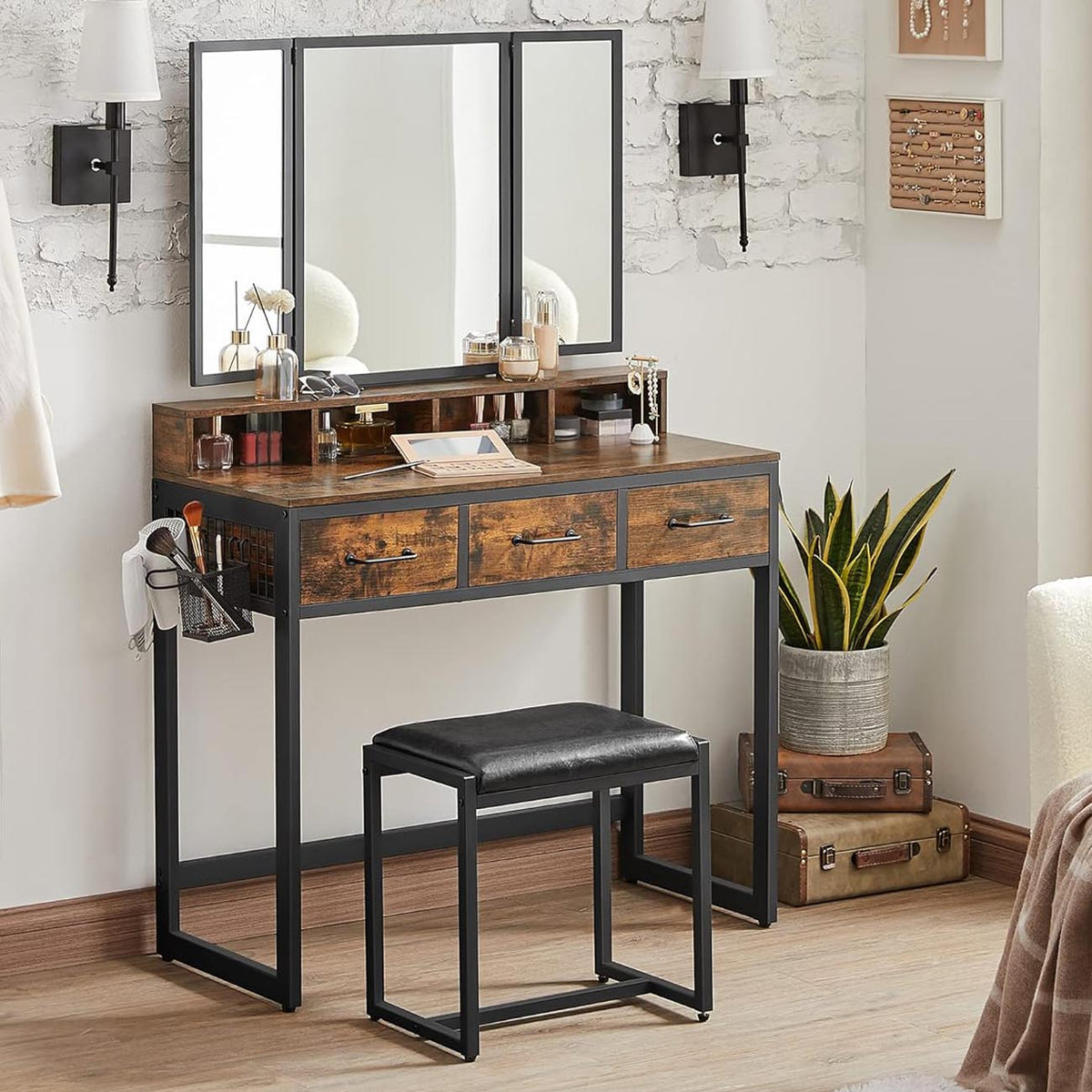VASAGLE Masuta toaleta 90x40x141 cm, cu 3 sertare, oglinda tripla si taburet, lemn si otel, maro rustic si negru