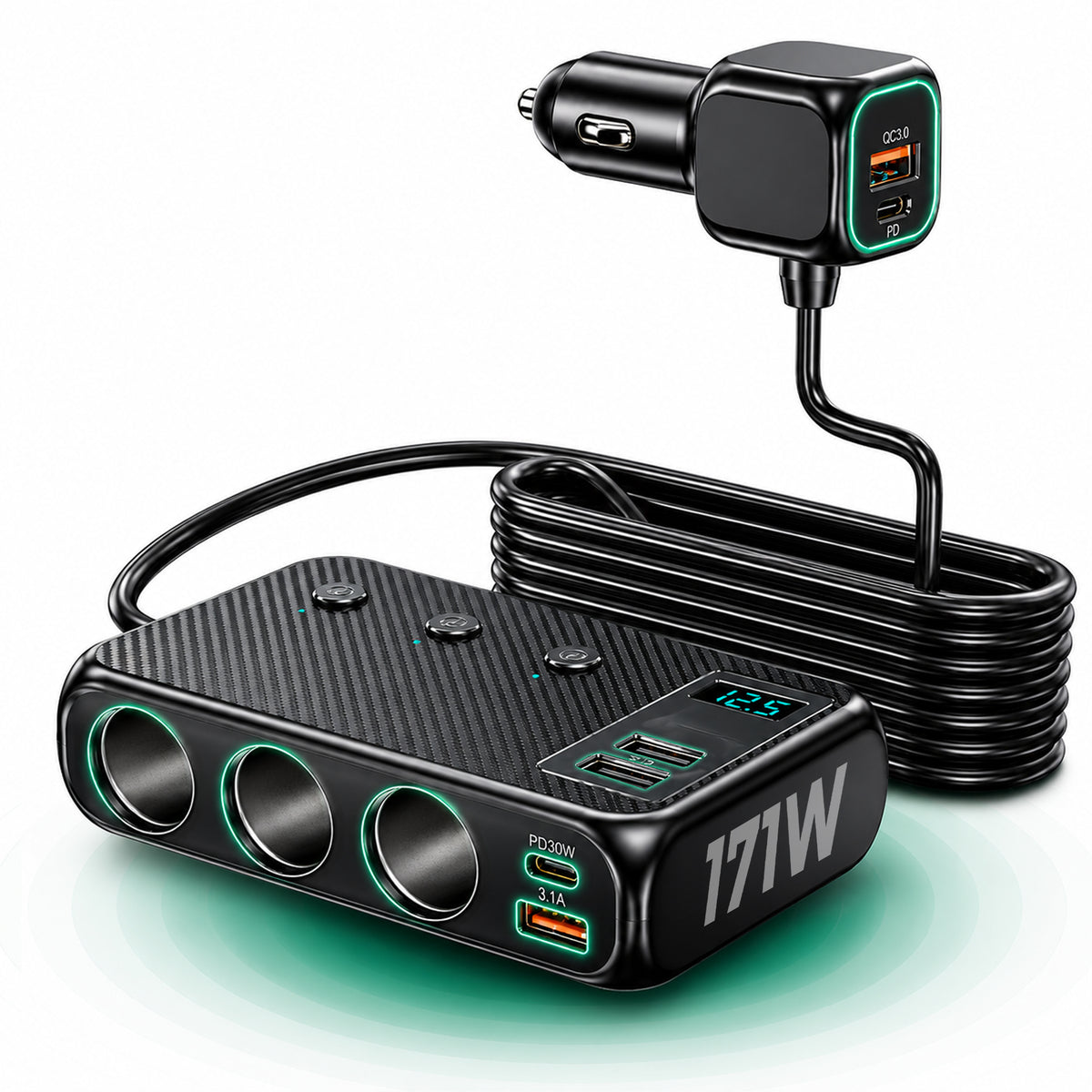 Adaptor priza Timebox, 171W, 4 x USB, 2 x USB-C, 9 in 1, 3 x soclu auto, Negru