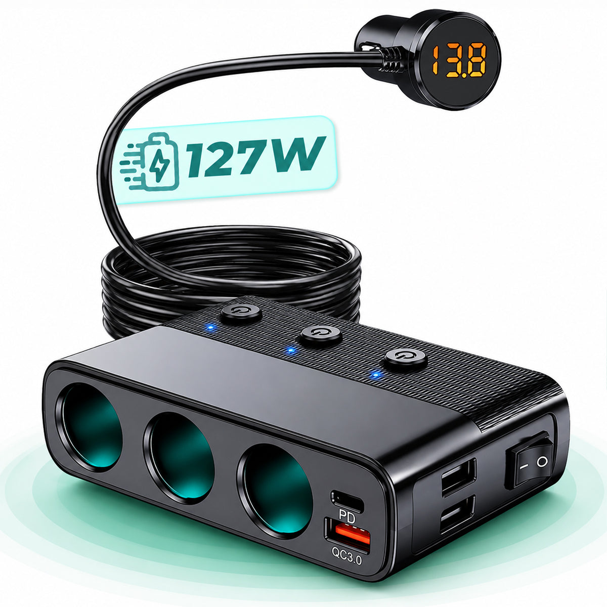 Adaptor priza auto Timebox, 128W, 3 x USB, 1 x USB-C, 7 in 1, 3x soclu masina, Negru