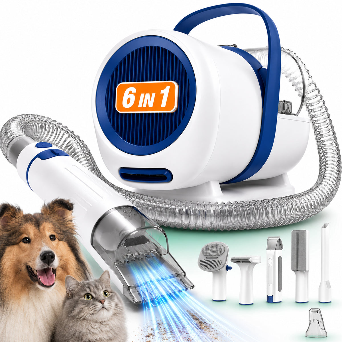 Aspirator Silentios pentru Ingrijirea Animalelor, Kit 6 in 1 cu Perie, Alb