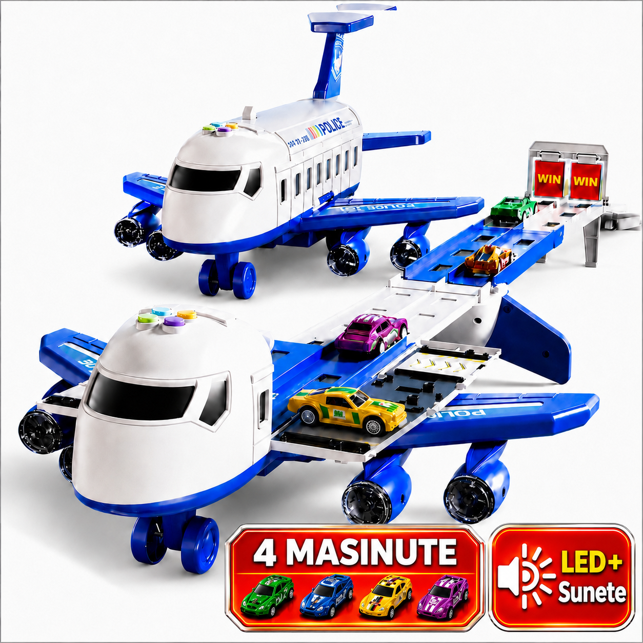Set Jucarie Avion Transportator cu Masinute pentru copii, Albastru