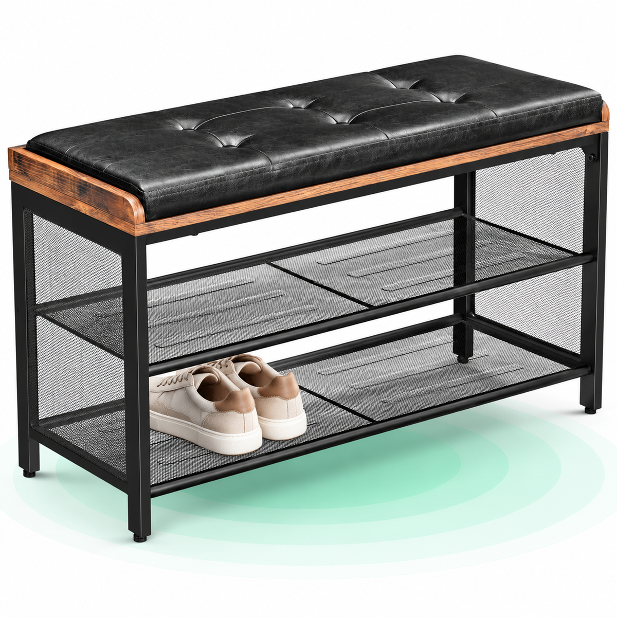 Banca pentru hol, cu raft suport de pantofi, sezut captusit imitatie piele, design industrial, 30x80x48cm, negru cu maro