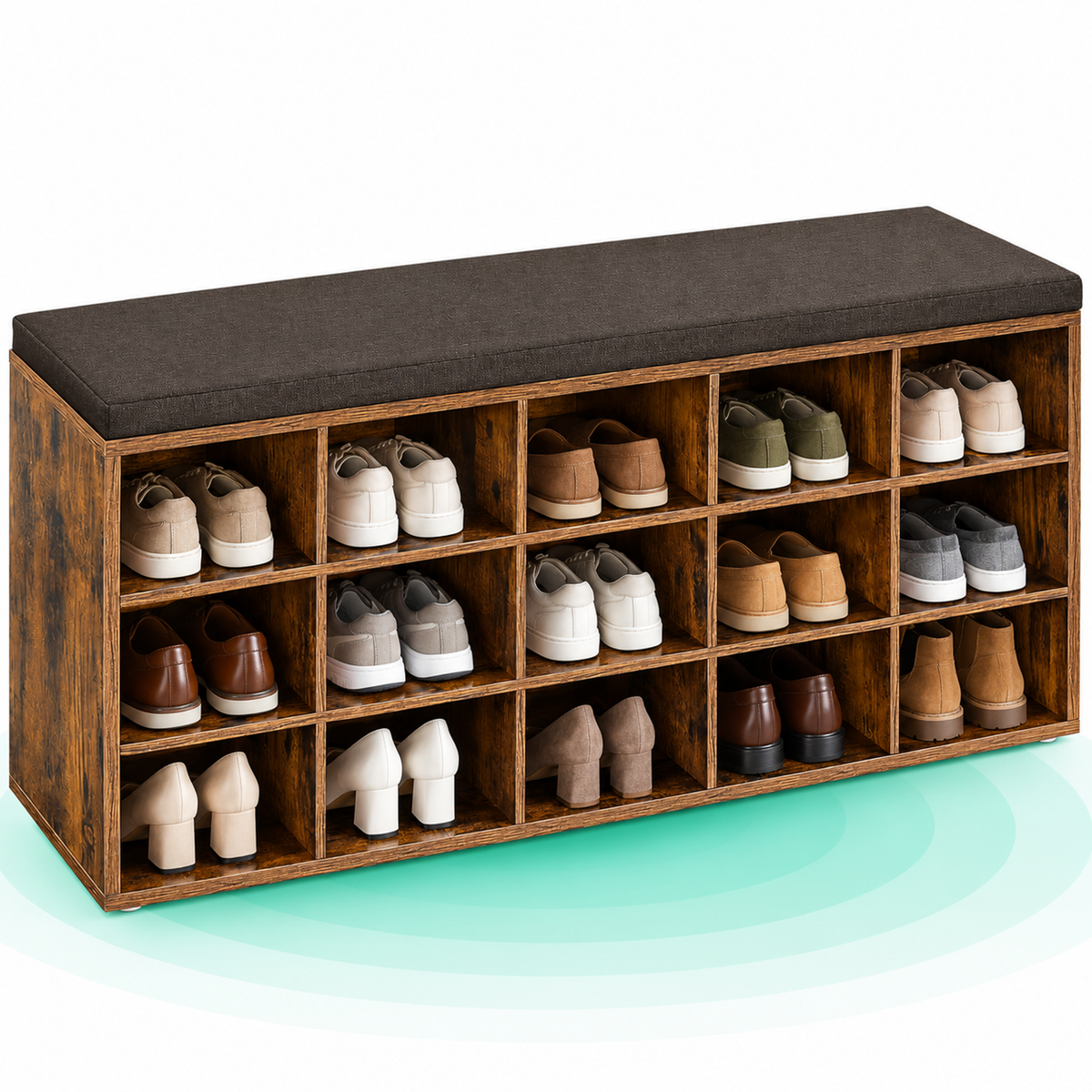 Banca pentru hol cu suport pentru pantofi, 15 compartimente, cu perna, 30x105x48cm, maro rustic