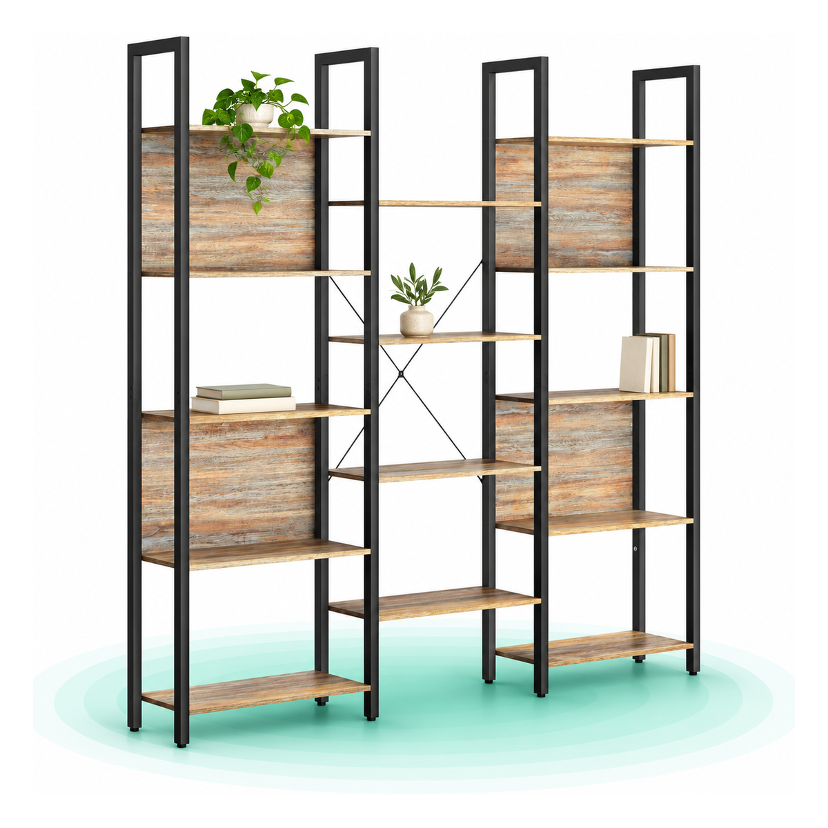 Biblioteca cu 14 rafturi din lemn, cadru metalic, 24x158x166cm, stil industrial, stejar si negru