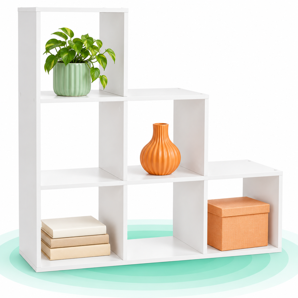 Biblioteca cu 6 compartimente, unitate de depozitare pentru decoratiuni, din lemn, 29x98x98cm, alb