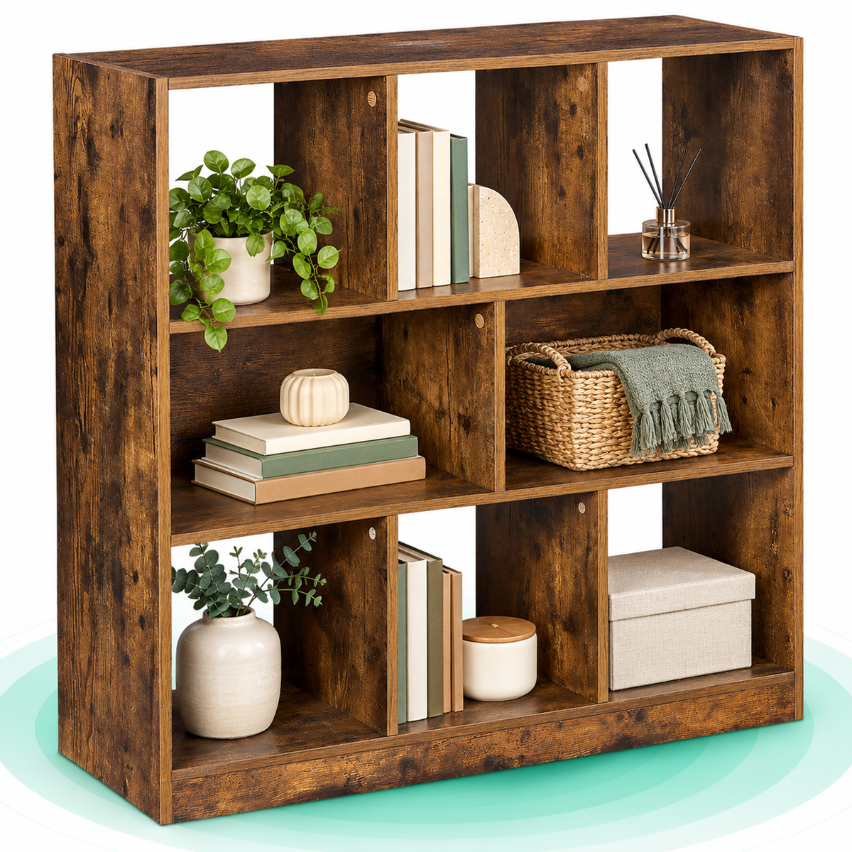 Biblioteca cu 8 compartimente, raft din lemn, 97,5x30x100 cm, maro rustic