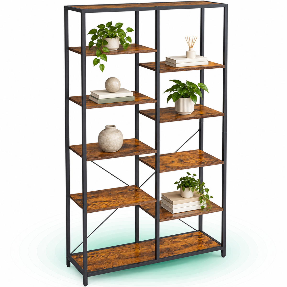 Biblioteca cu suport de depozitare pe 5 etaje, 30x100x170cm, stil industrial, maro rustic si negru
