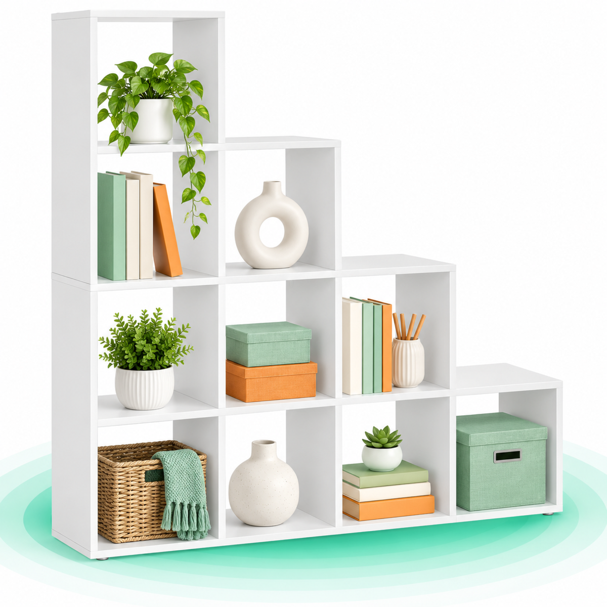 Biblioteca in trepte cu 10 compartimente deschise, PAL 15 mm, 129,5 x 29 x 129,5 cm, alb