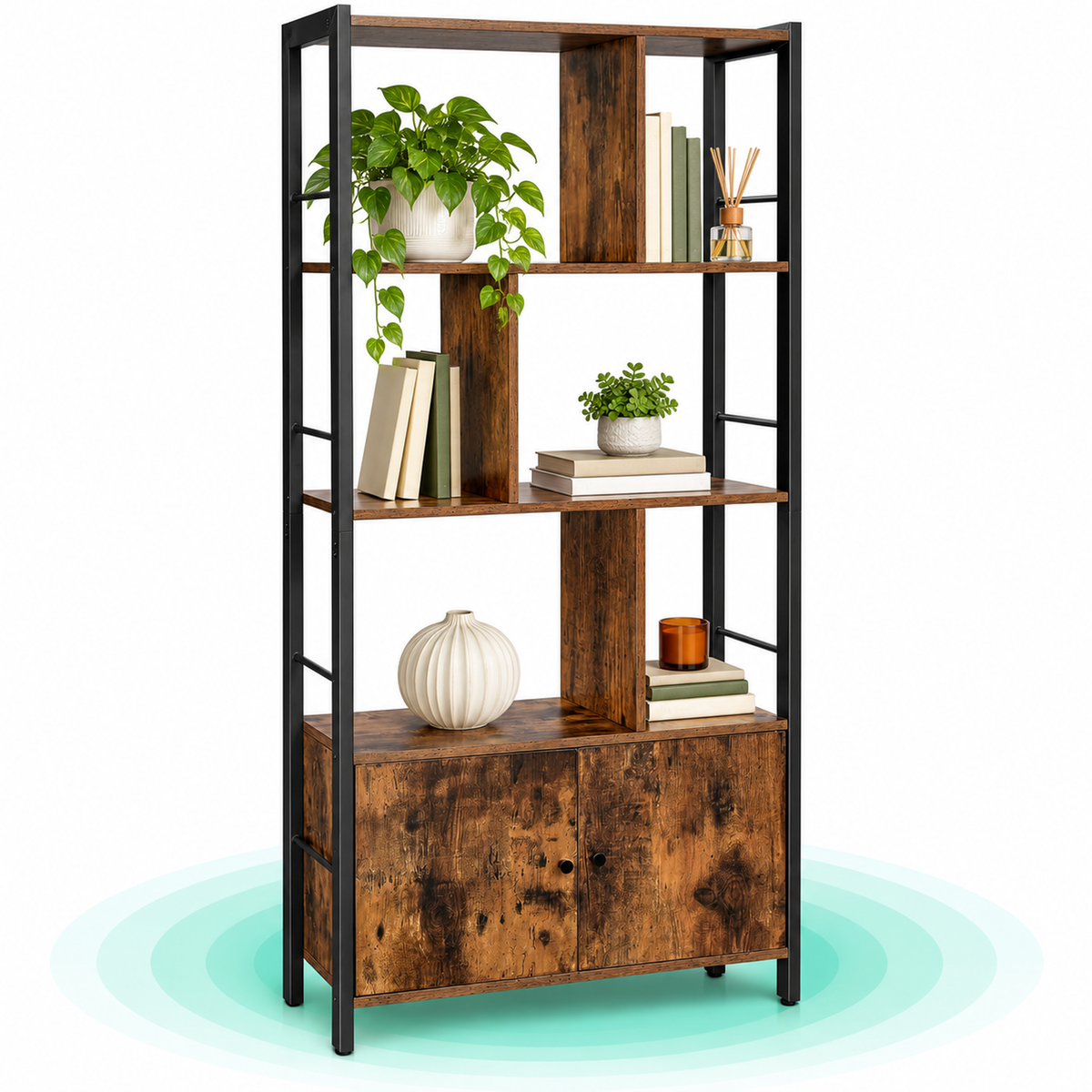 Biblioteca industriala cu 4 rafturi si dulap cu 2 usi, cadru din otel, 74x30x154,5 cm, maro rustic si negru