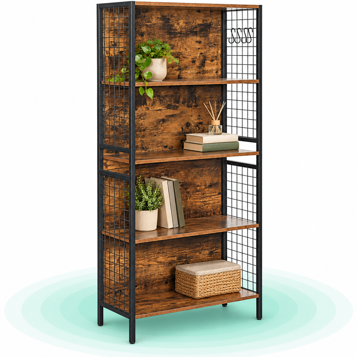 Biblioteca, raft cu 4 niveluri, cadru otel si polite din MDF, 74x30x155cm, maro rustic si negru