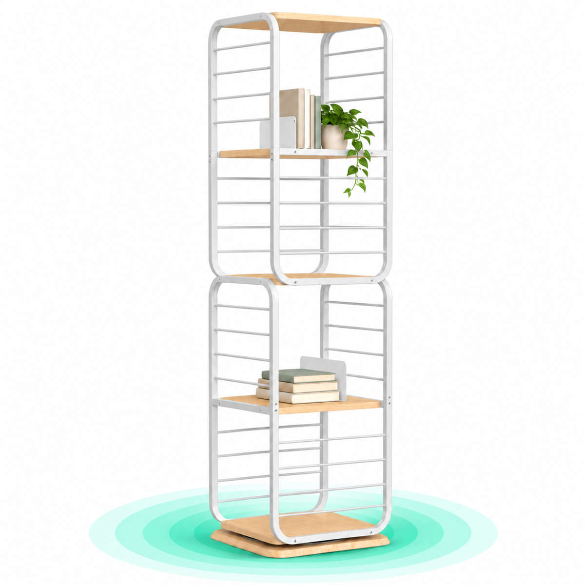 Biblioteca rotativa 360 grade, cadru metalic, cu 5 polite MDF, 43x43x158cm, alb