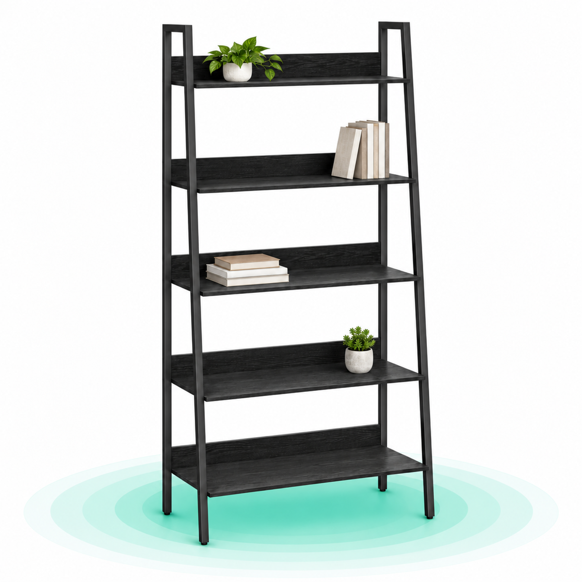 Biblioteca tip scara, cadru otel cu 5 polite, stil industrial, 80x30x170 cm, negru