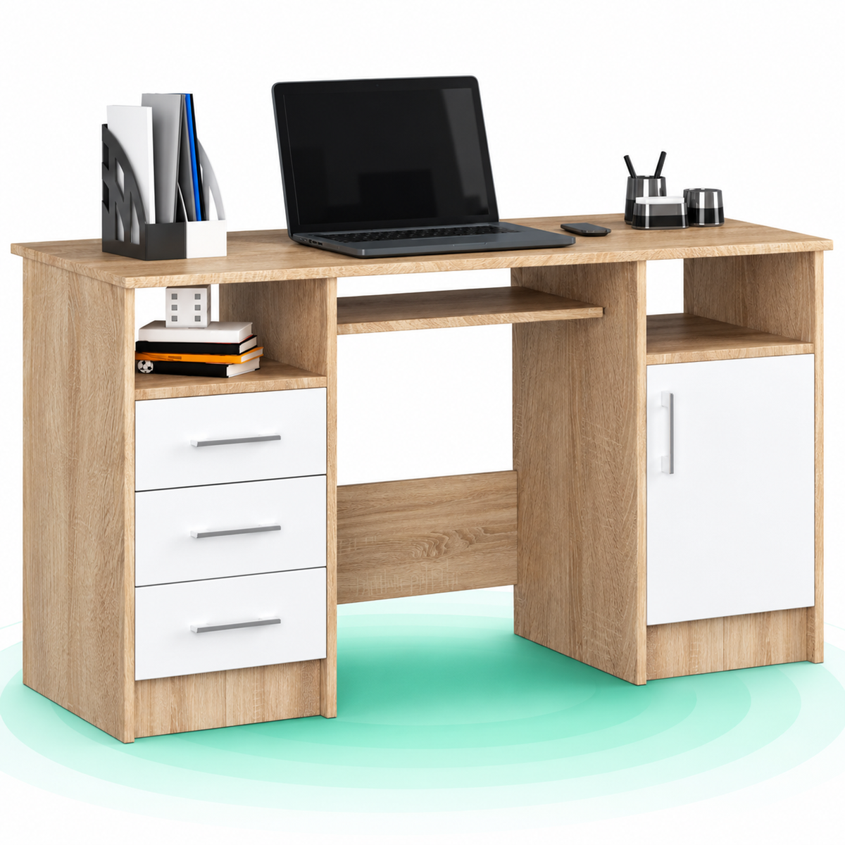Birou calculator cu 3 sertare, dulap cu usa si raft pentru tastatura, 124x52x74 cm, stejar sonoma si alb