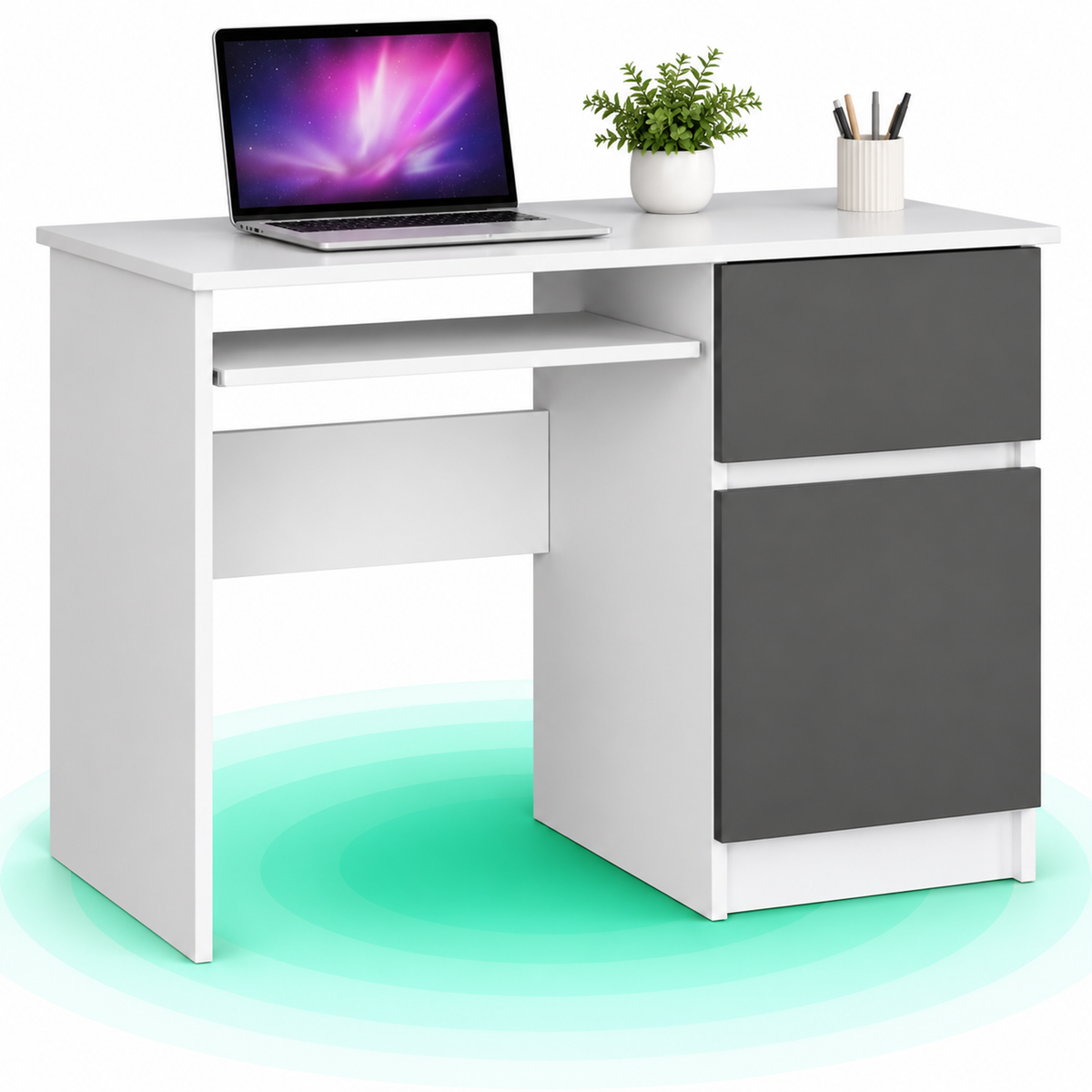 Birou calculator cu sertar, dulap si raft pentru tastatura, dreapta, 90x50x77 cm, alb si gri