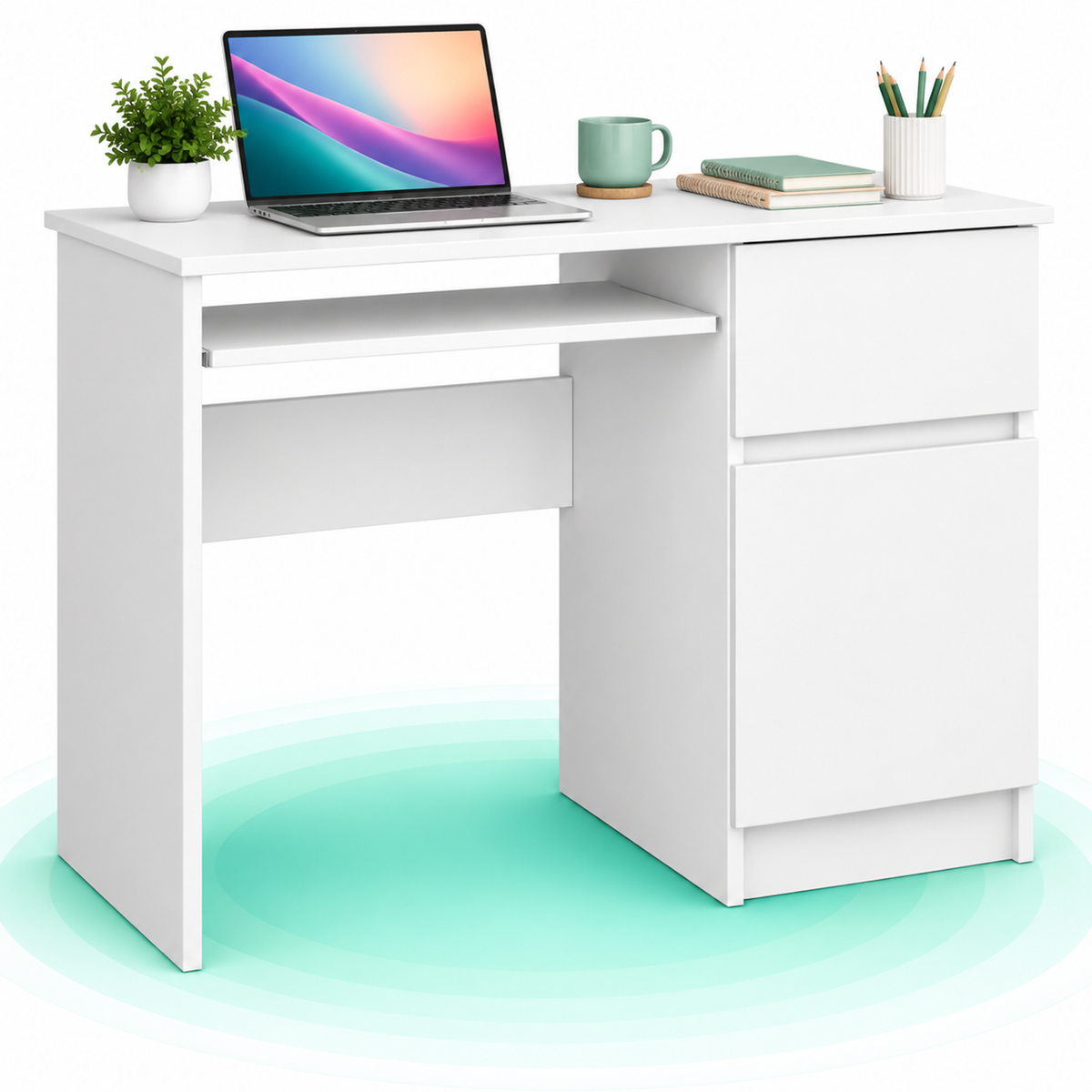 Birou computer cu sertar, dulap si raft pentru tastatura, dreapta, 90x50x77 cm, alb