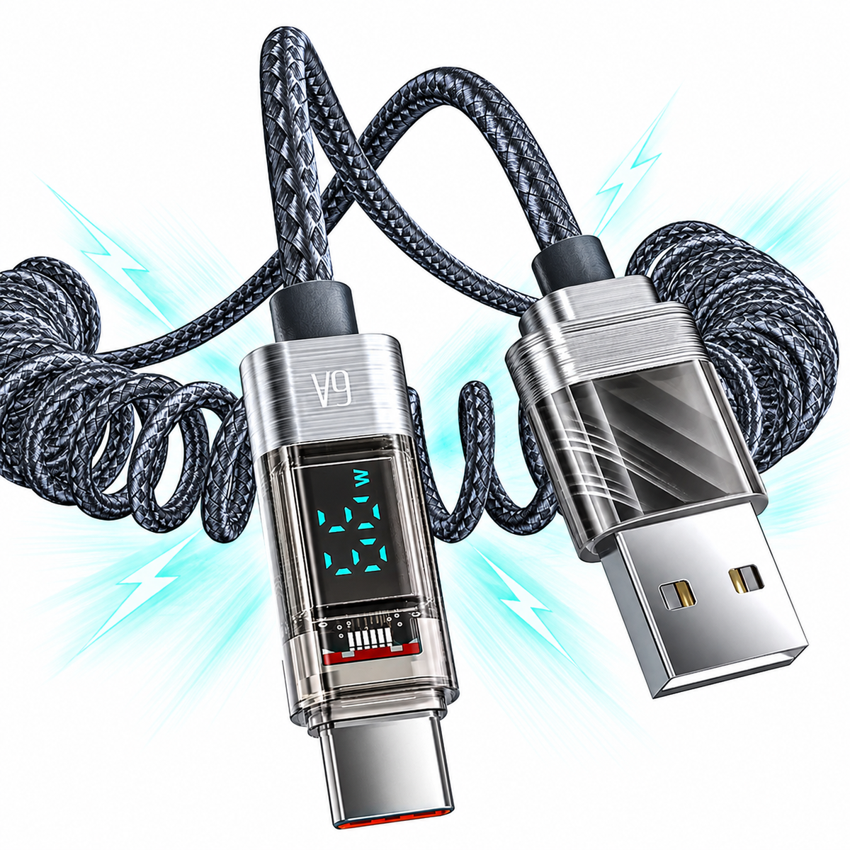 Cablu de Incarcare si Transfer de Date Timebox, USB la Type-C, 66W, 1,8m, Gri