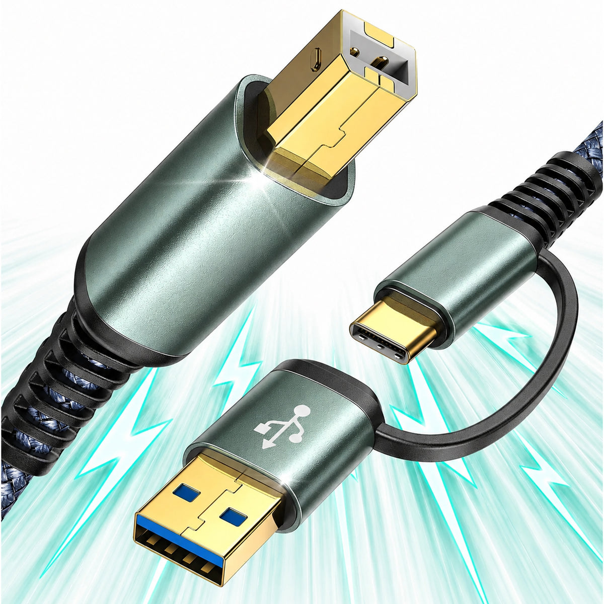 Cablu de imprimanta Timebox, USB si USB-C la USB-B 2, Placat cu aur, Gri