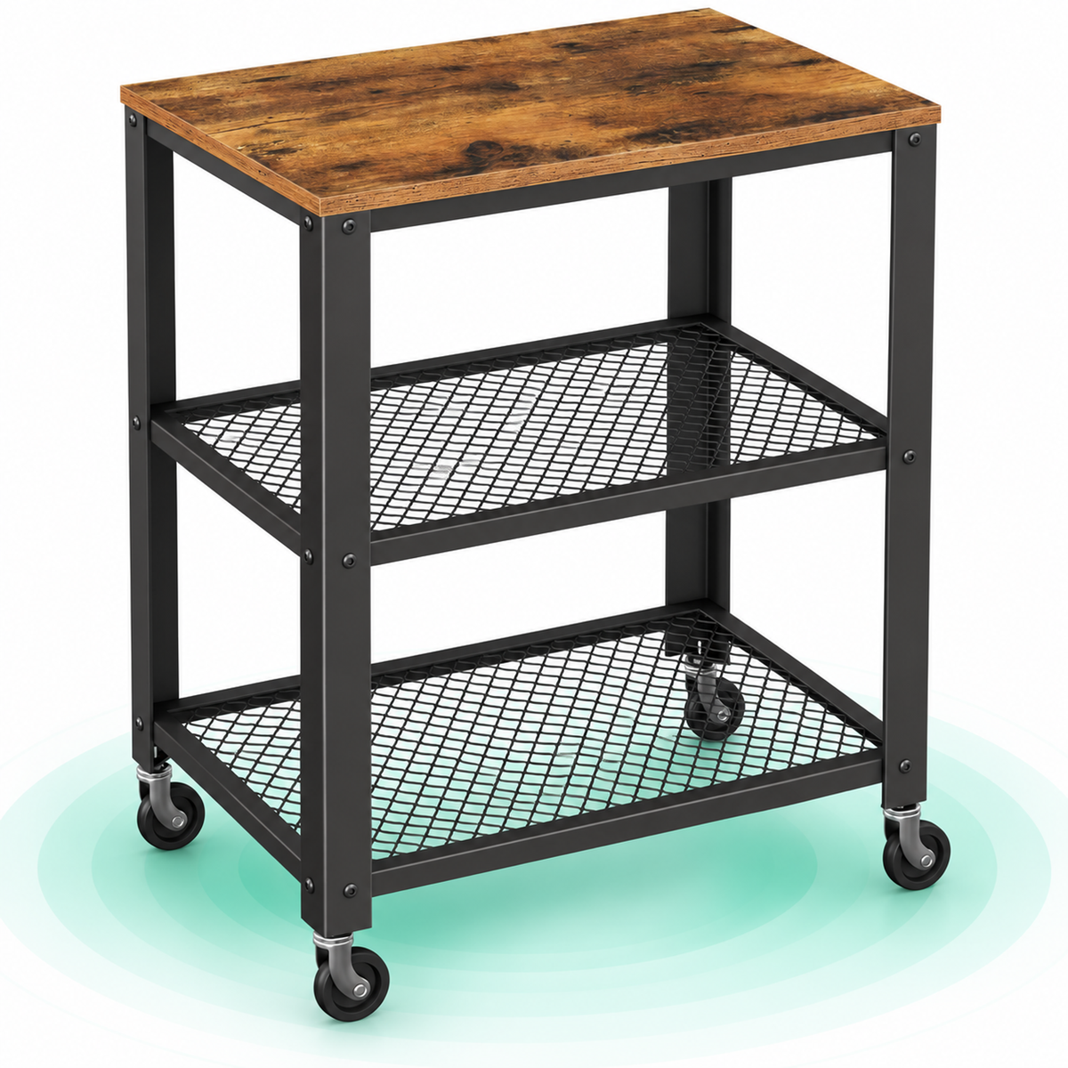 Carucior de servire pe roti, cu polite, pentru bucatarie, 40x60x77cm, industrial, maro rustic