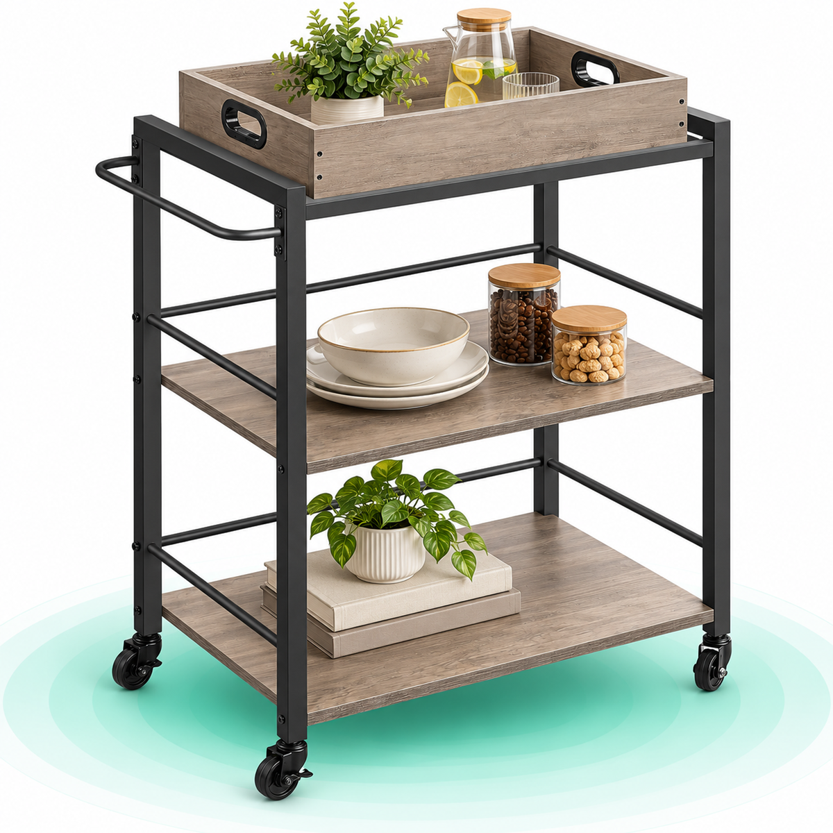 Carucior de servire pe roti pentru bucatarie, 3 polite, tava detasabila, stil industrial, 40x72x86cm, gri stejar